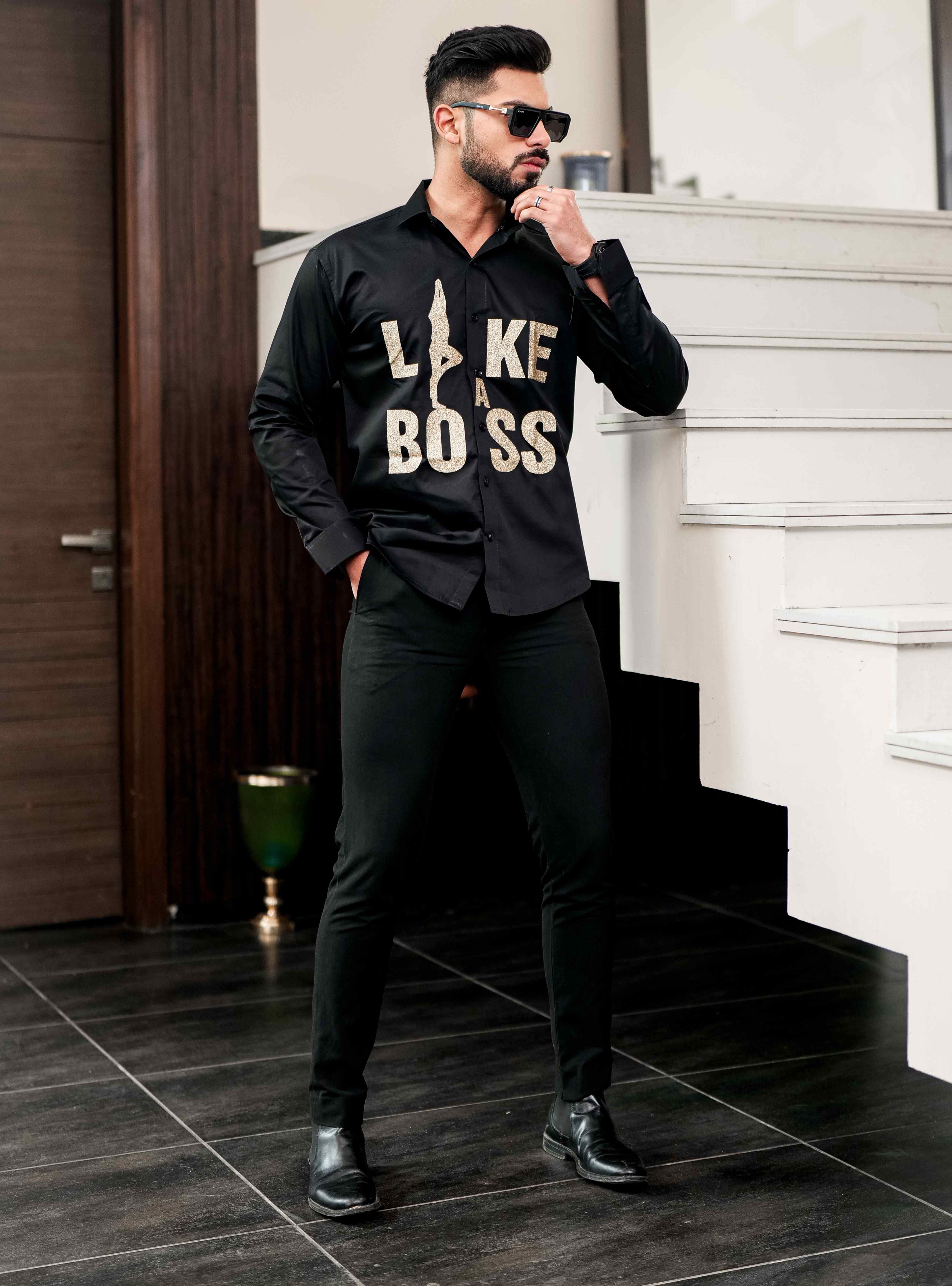 Black Club Wear Like A Boss Printed Satin Cotton Shirt - Image 5
