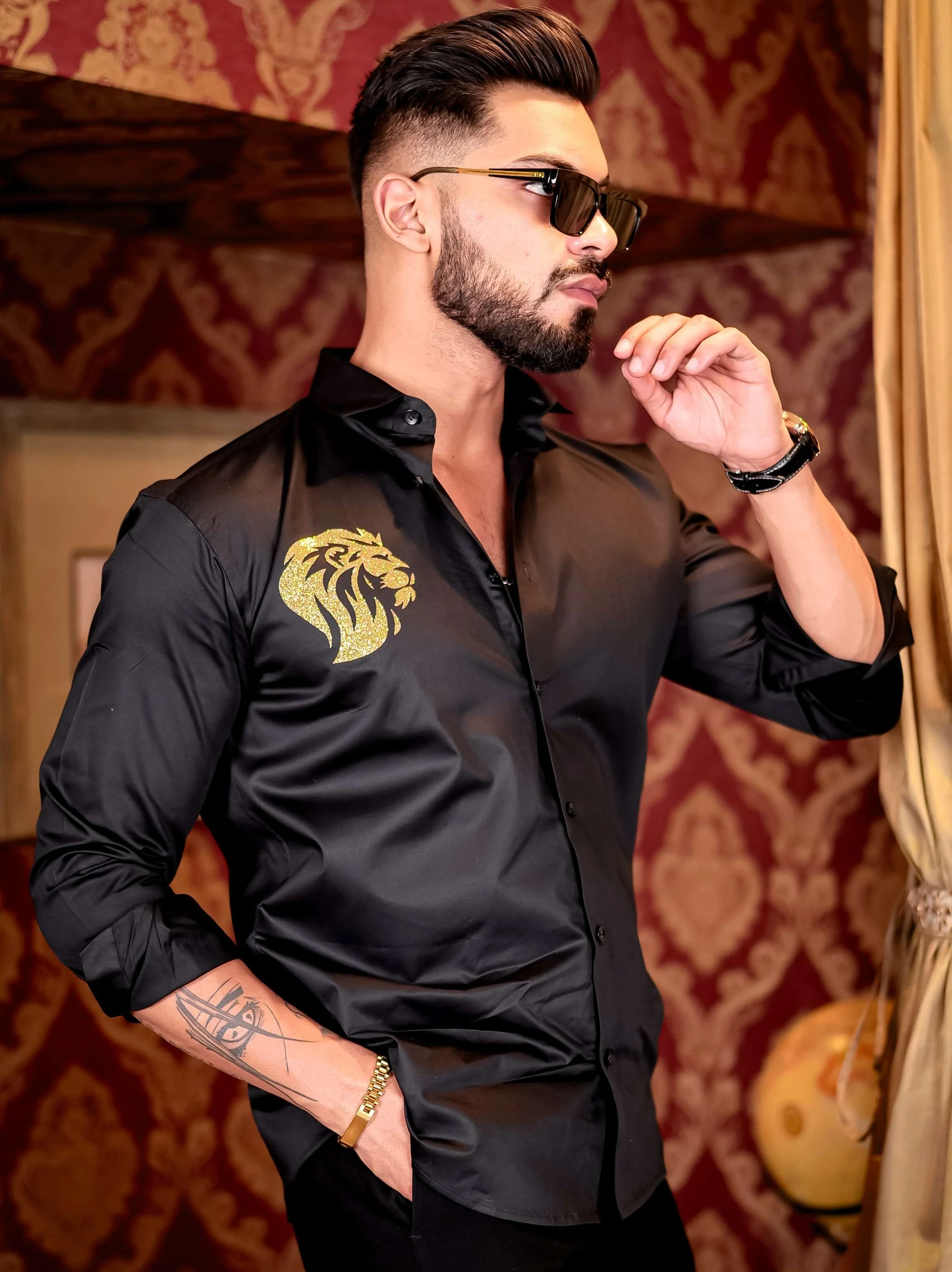 Black Club Wear Lion Printed Satin Cotton Shirt - Image 3