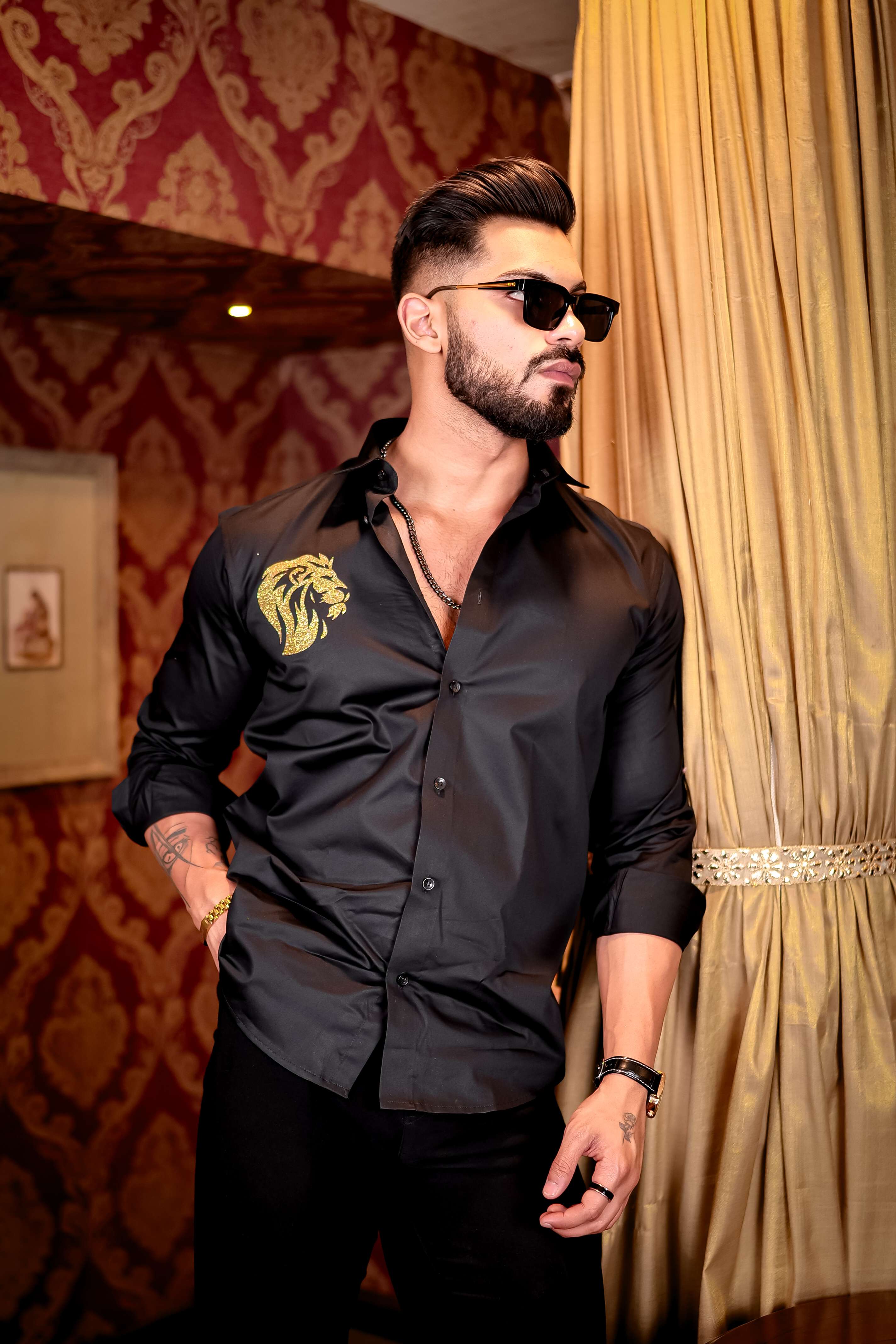 Black Club Wear Lion Printed Satin Cotton Shirt - Image 5