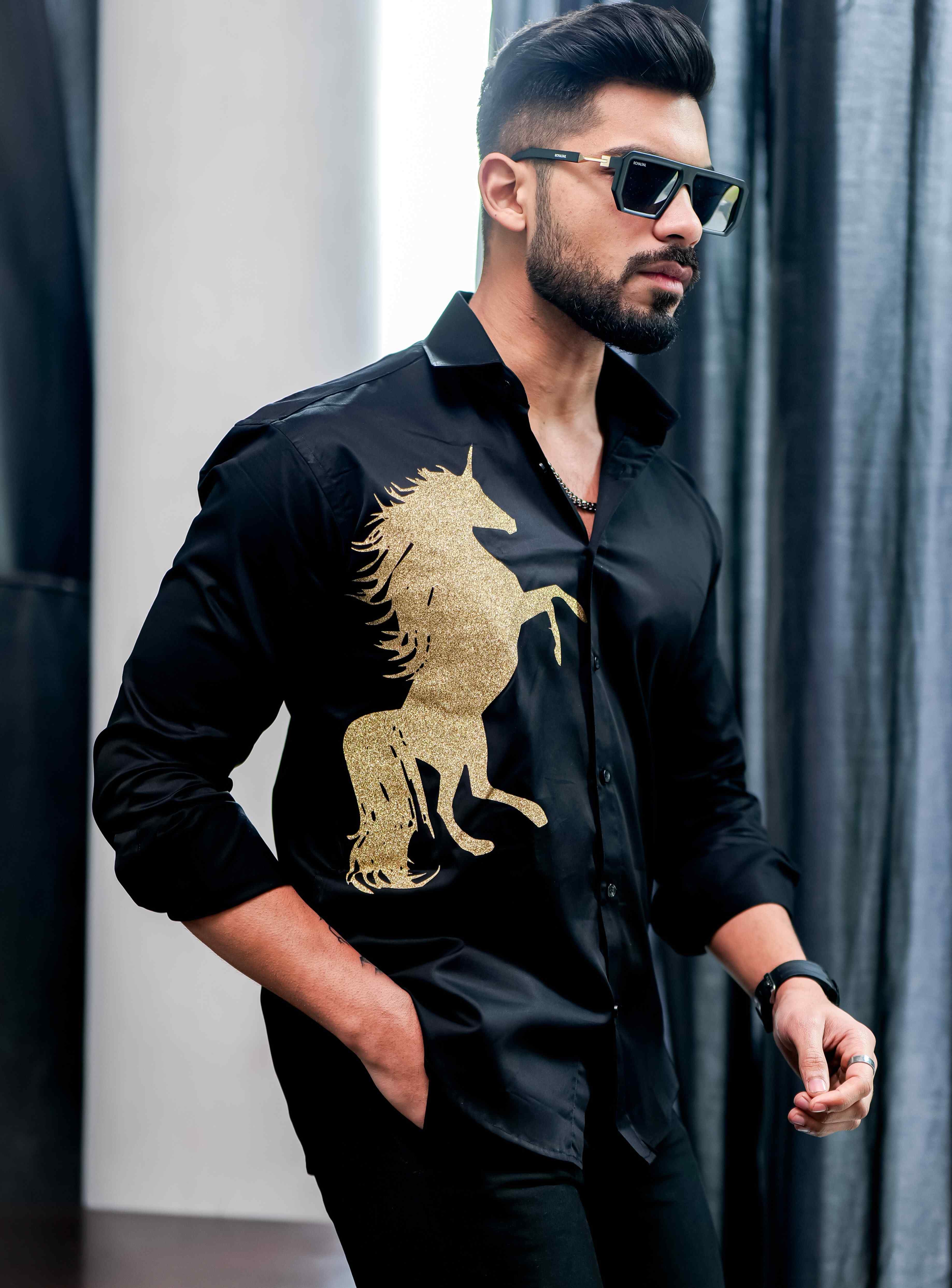 Black Club Wear Horse Printed Satin Cotton Shirt - Image 4
