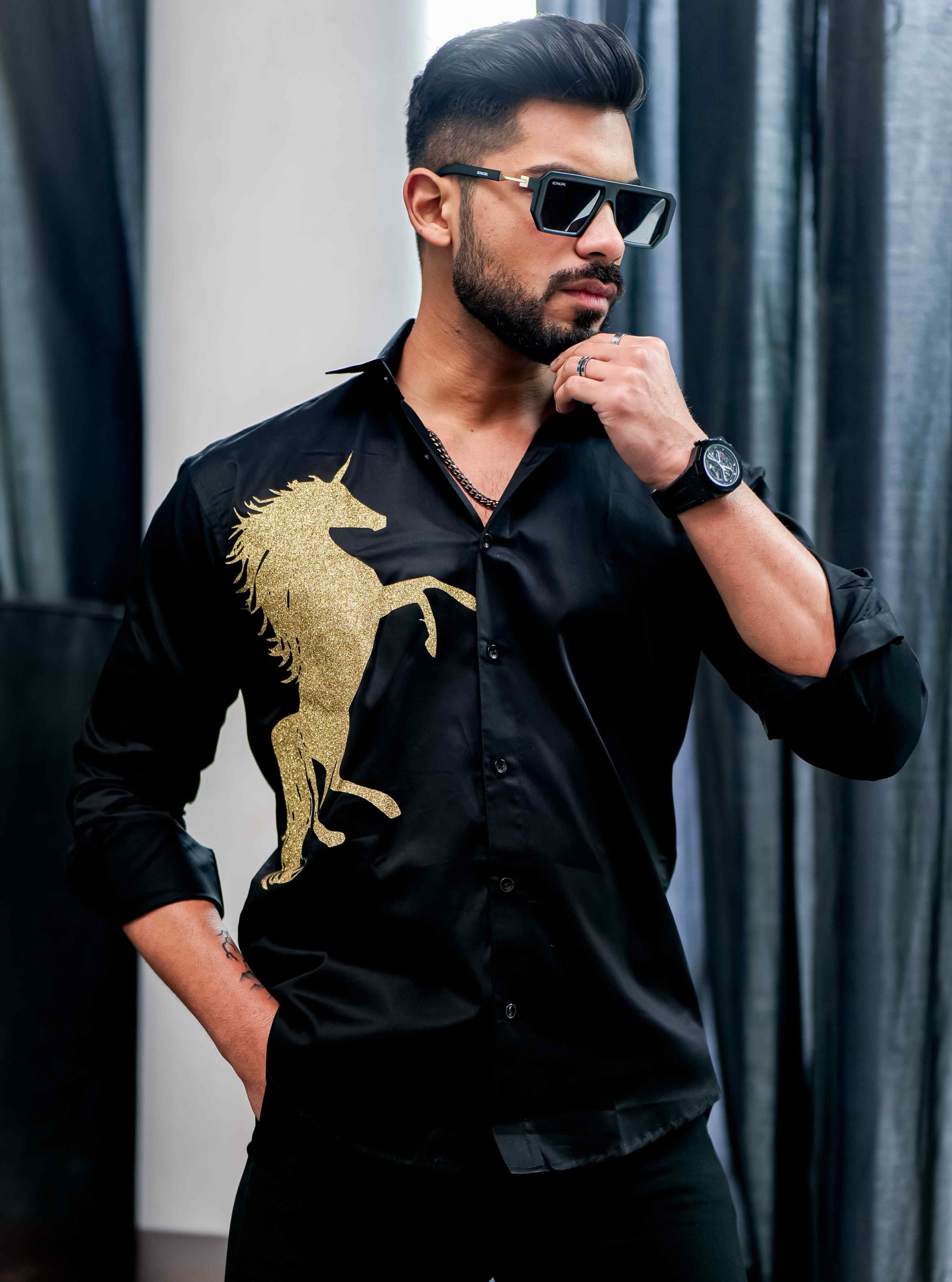 Black Club Wear Horse Printed Satin Cotton Shirt - Image 5