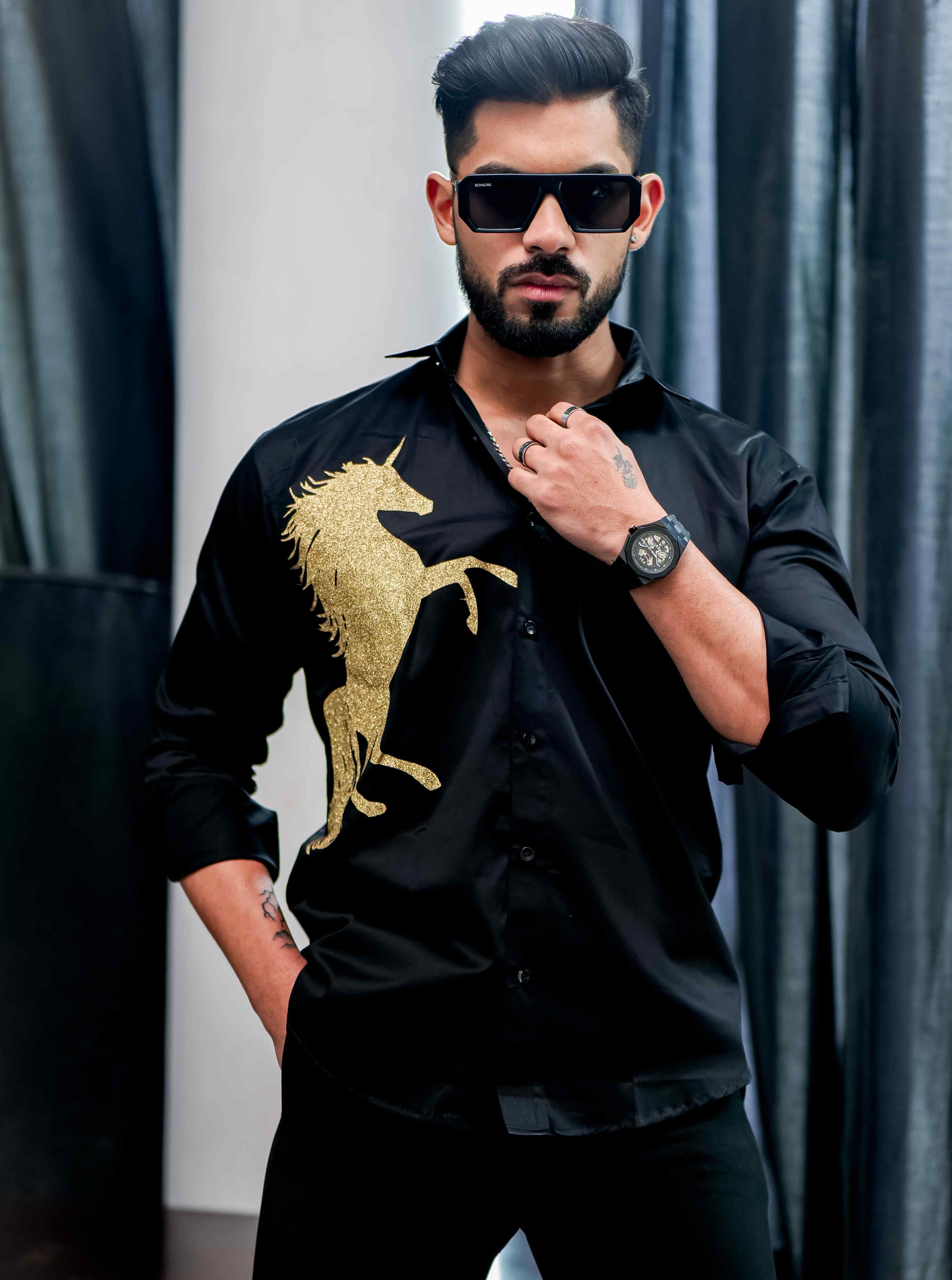 Black Club Wear Horse Printed Satin Cotton Shirt - Image 6
