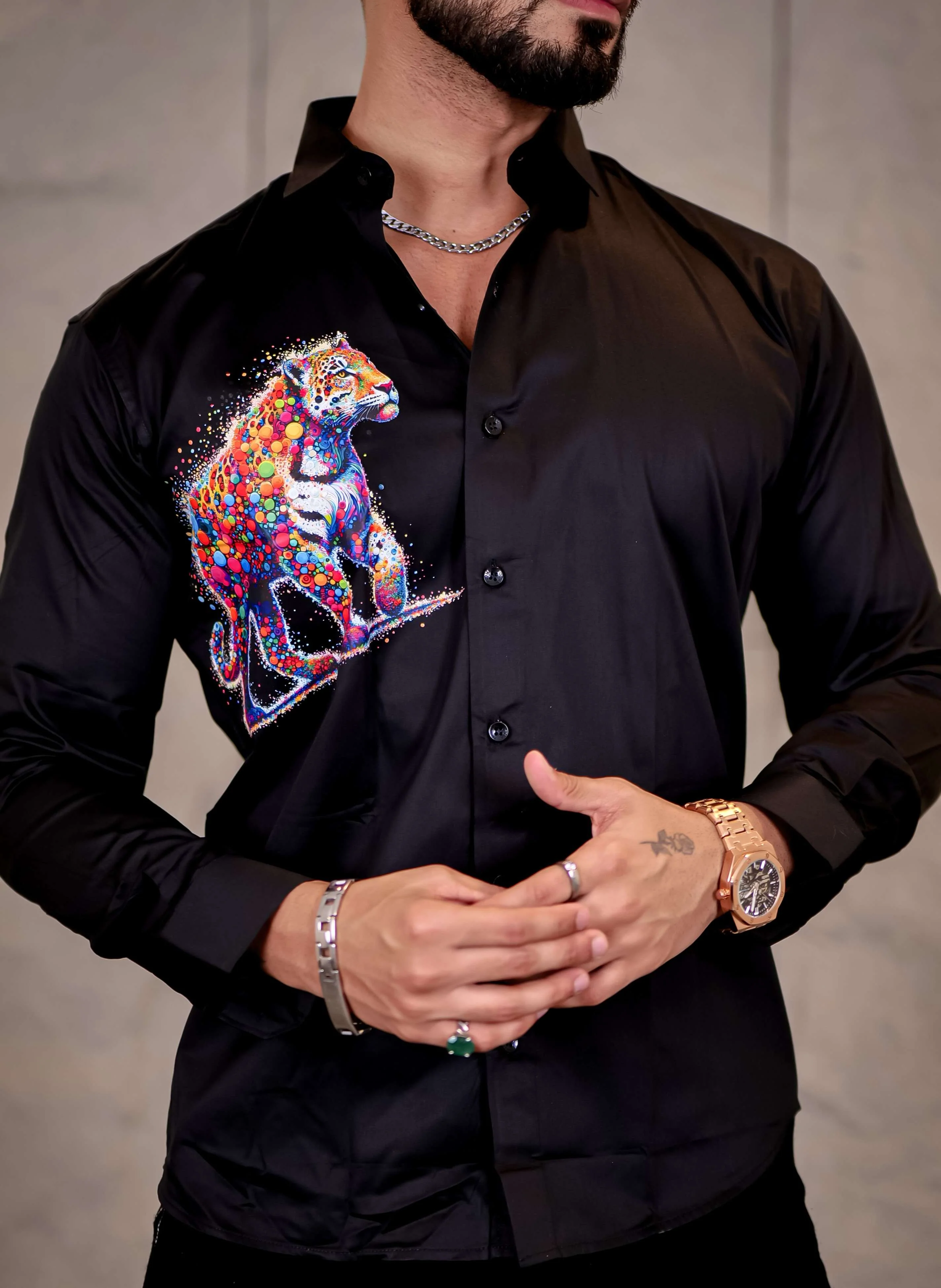 Black Club Wear Tiger Printed Satin Cotton Shirt - Image 2