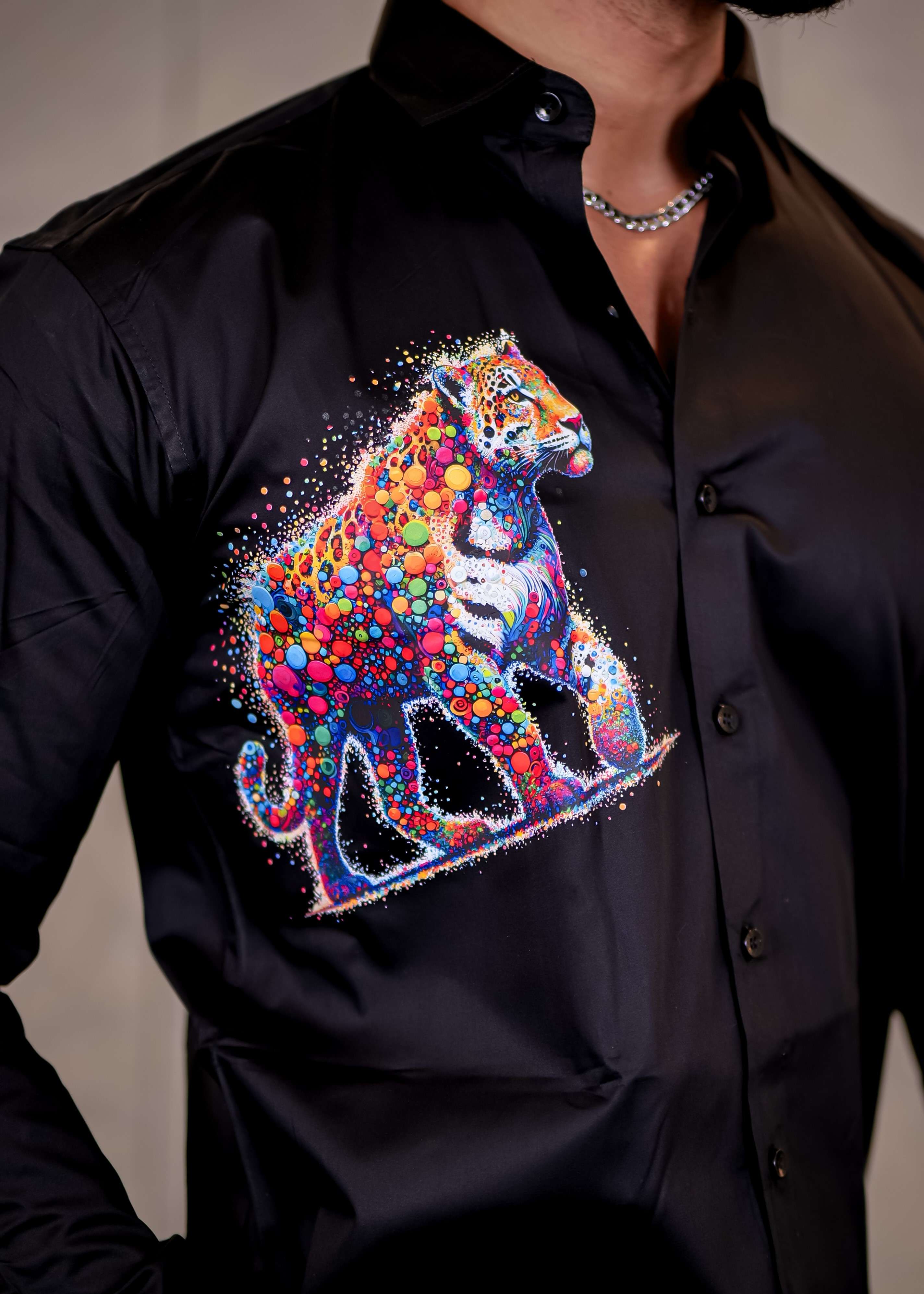 Black Club Wear Tiger Printed Satin Cotton Shirt - Image 3
