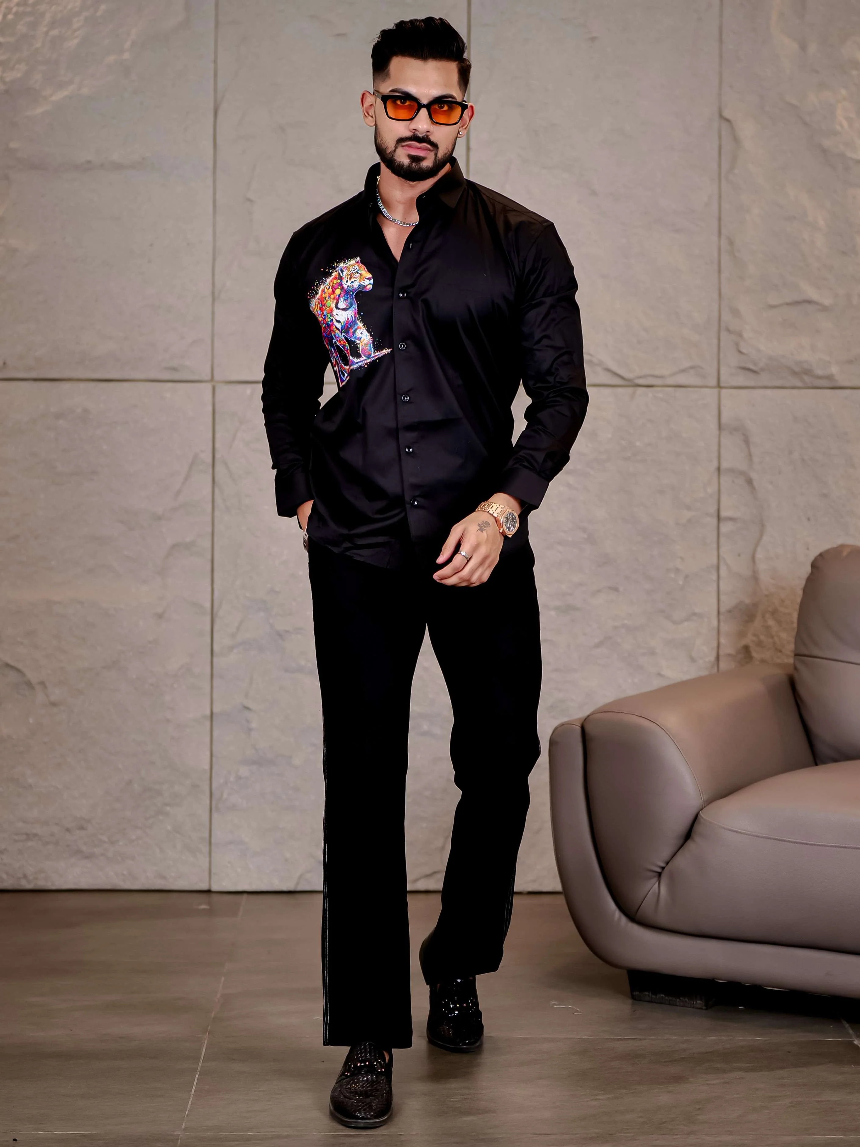 Black Club Wear Tiger Printed Satin Cotton Shirt - Image 4