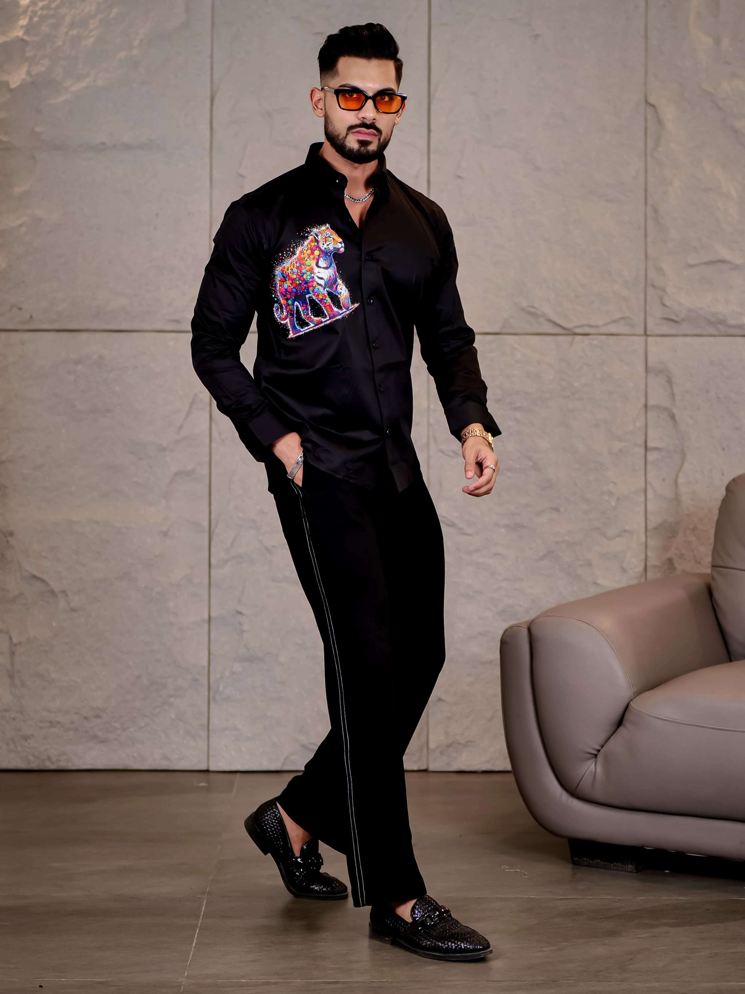 Black Club Wear Tiger Printed Satin Cotton Shirt - Image 6