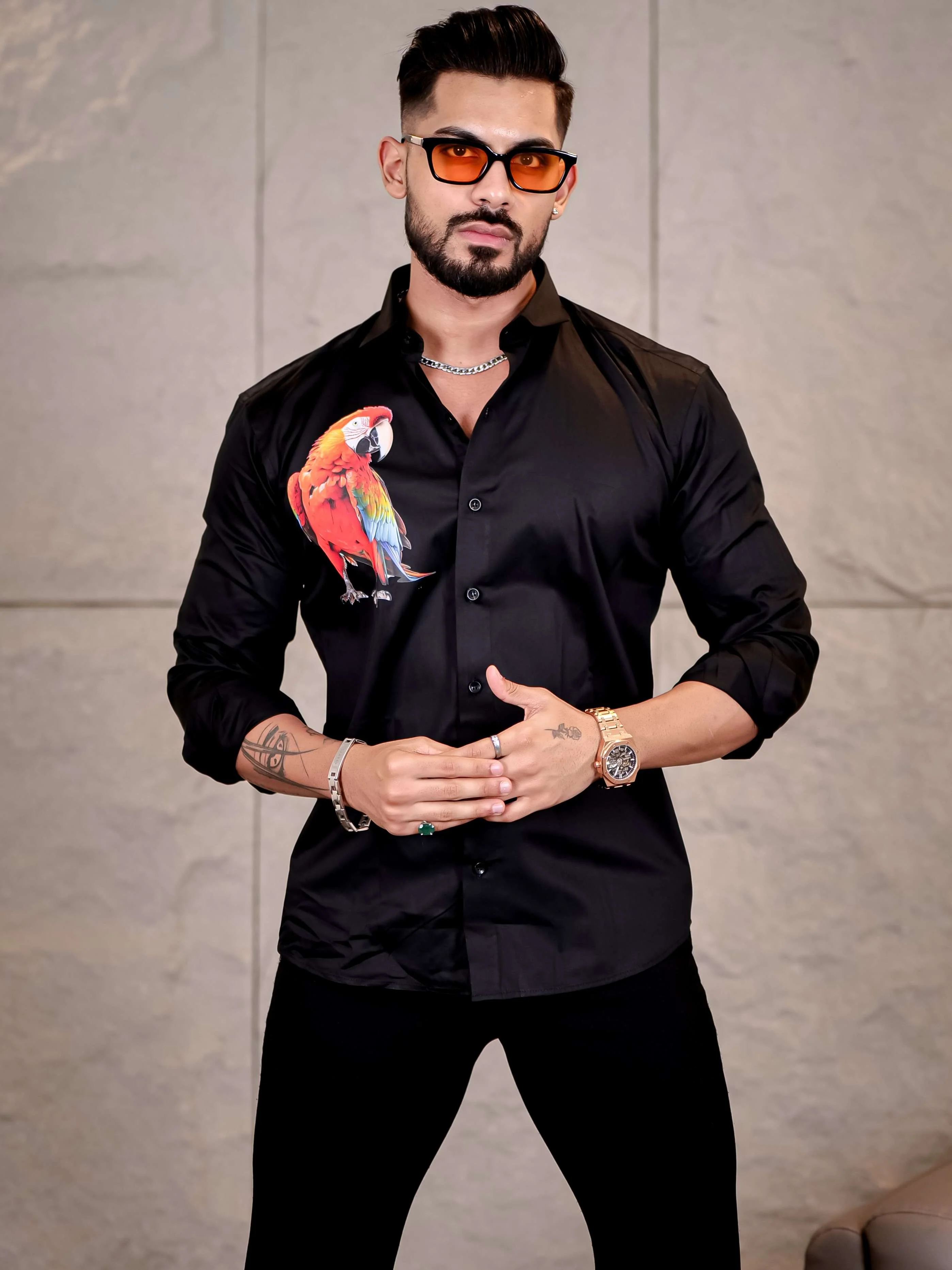 Black Club Wear Perrot Printed Satin Cotton Shirt - Image 6