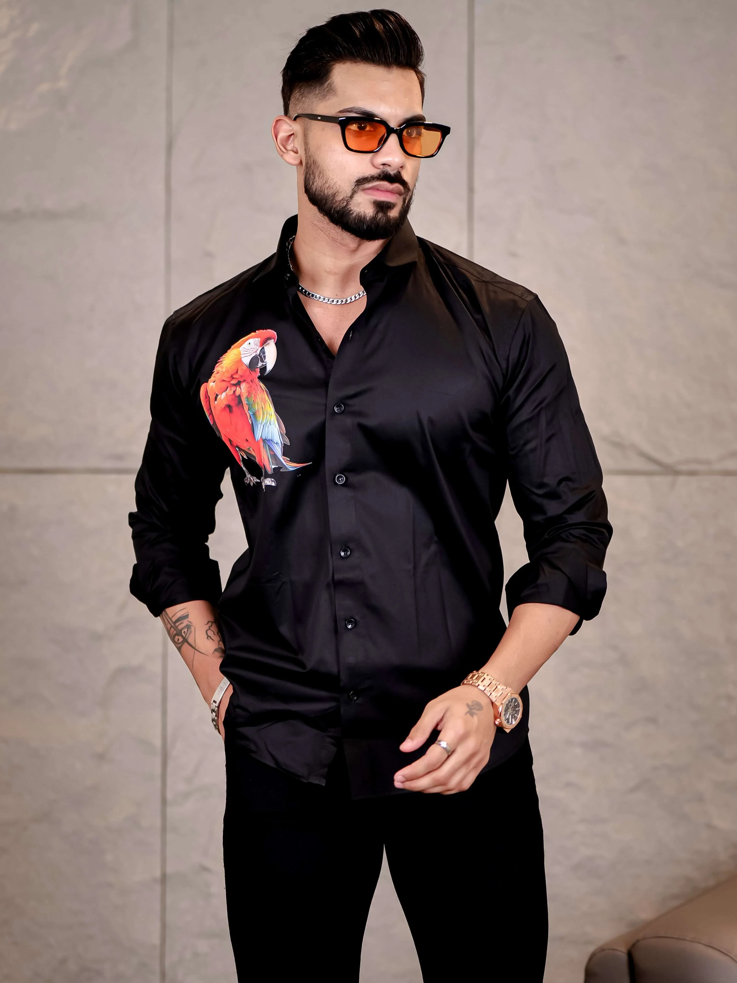 Black Club Wear Perrot Printed Satin Cotton Shirt - Image 7