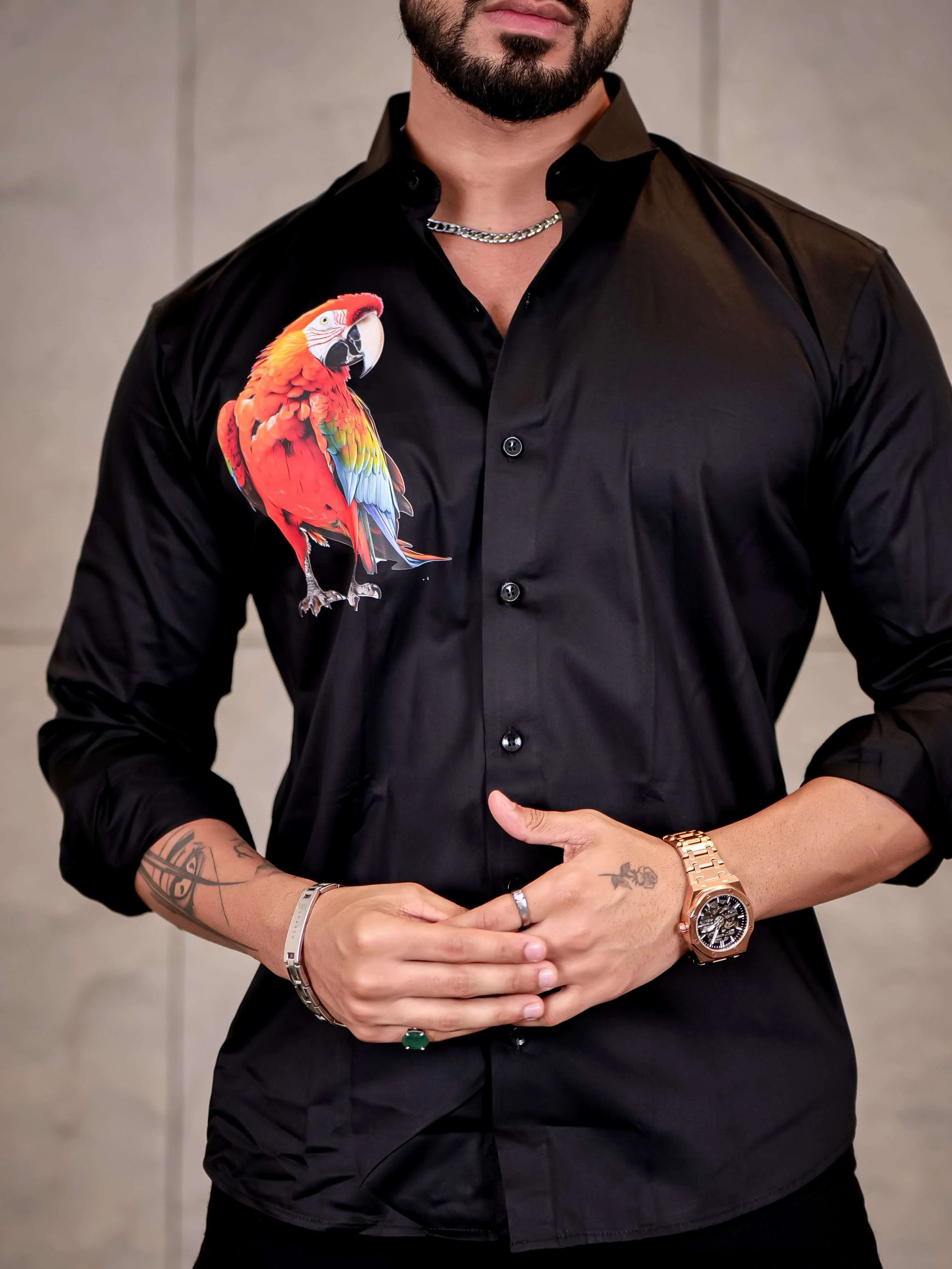 Black Club Wear Perrot Printed Satin Cotton Shirt - Image 8
