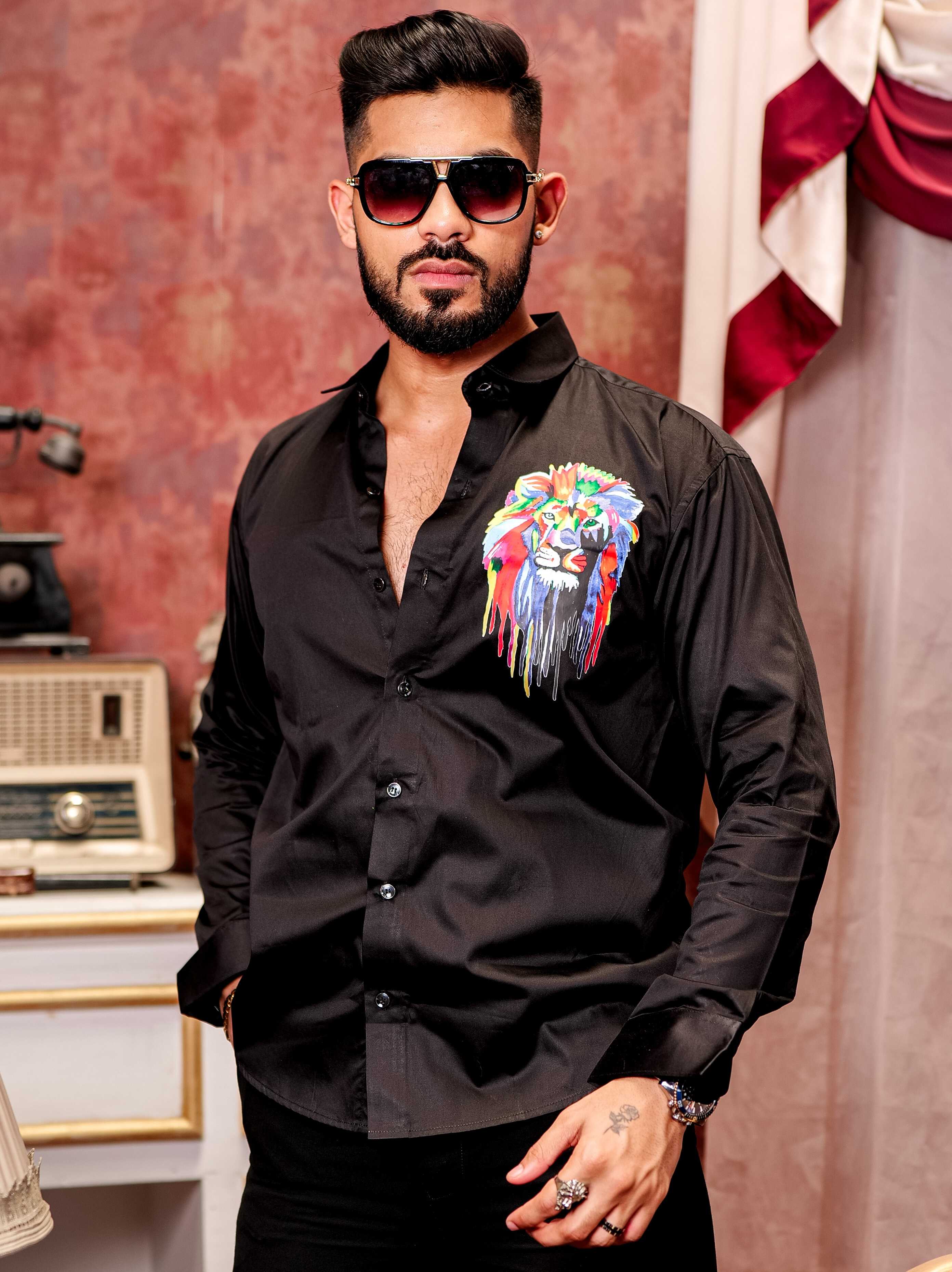 Black Club Wear Printed Satin Cotton Shirt - Image 5