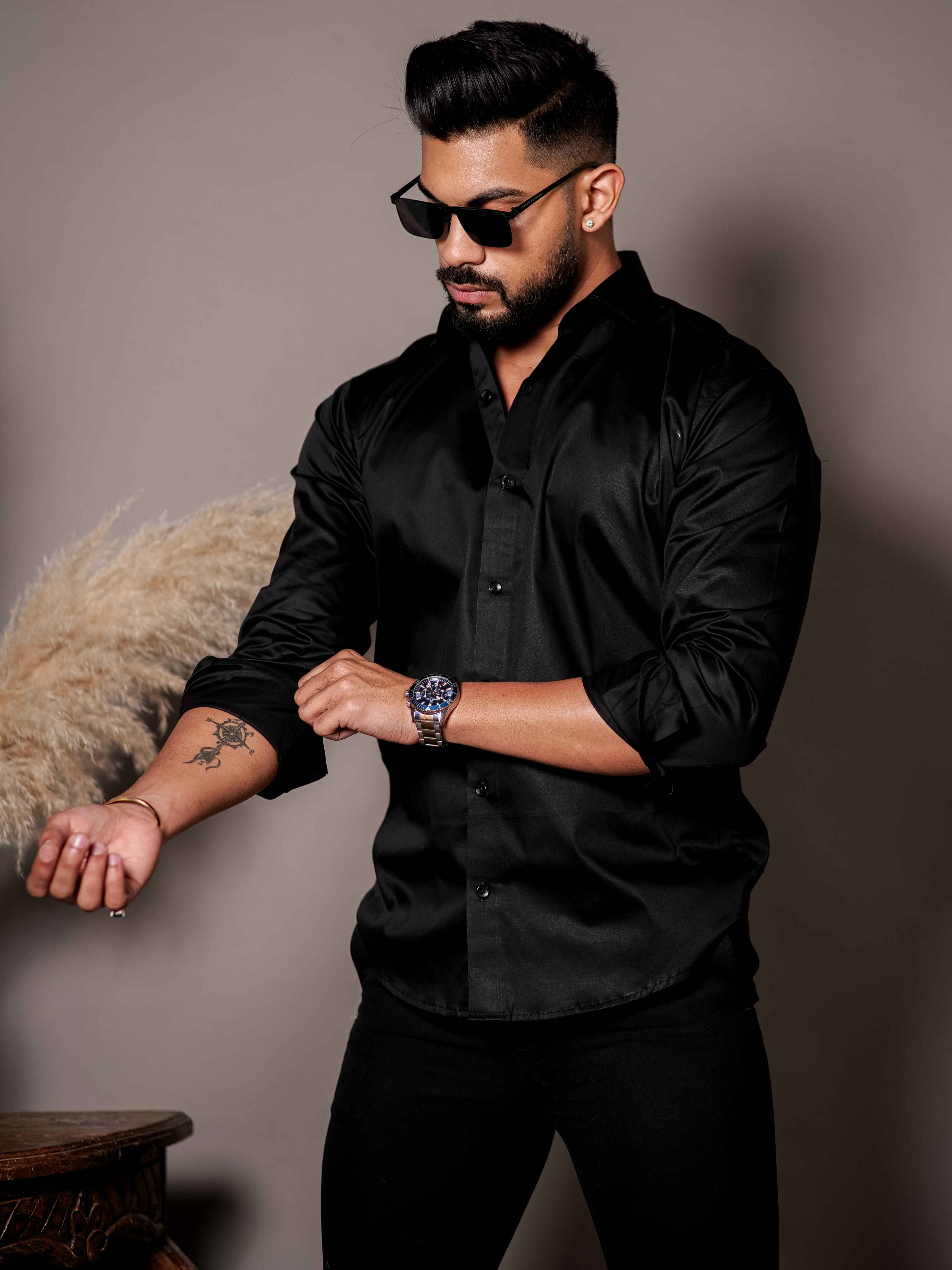 Black Club Wear Printed Satin Cotton Shirt - Image 7