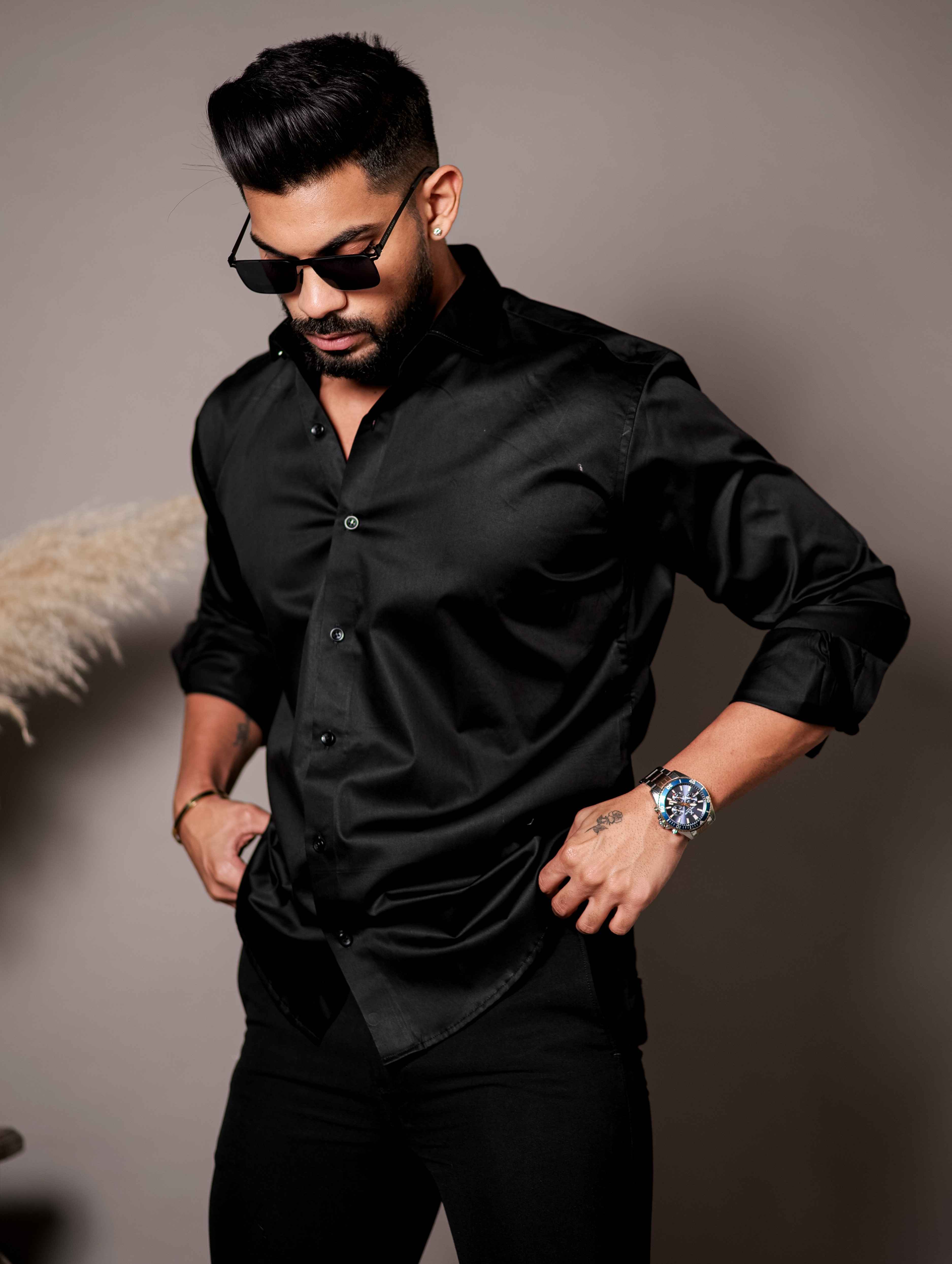 Black Club Wear Printed Satin Cotton Shirt - Image 9