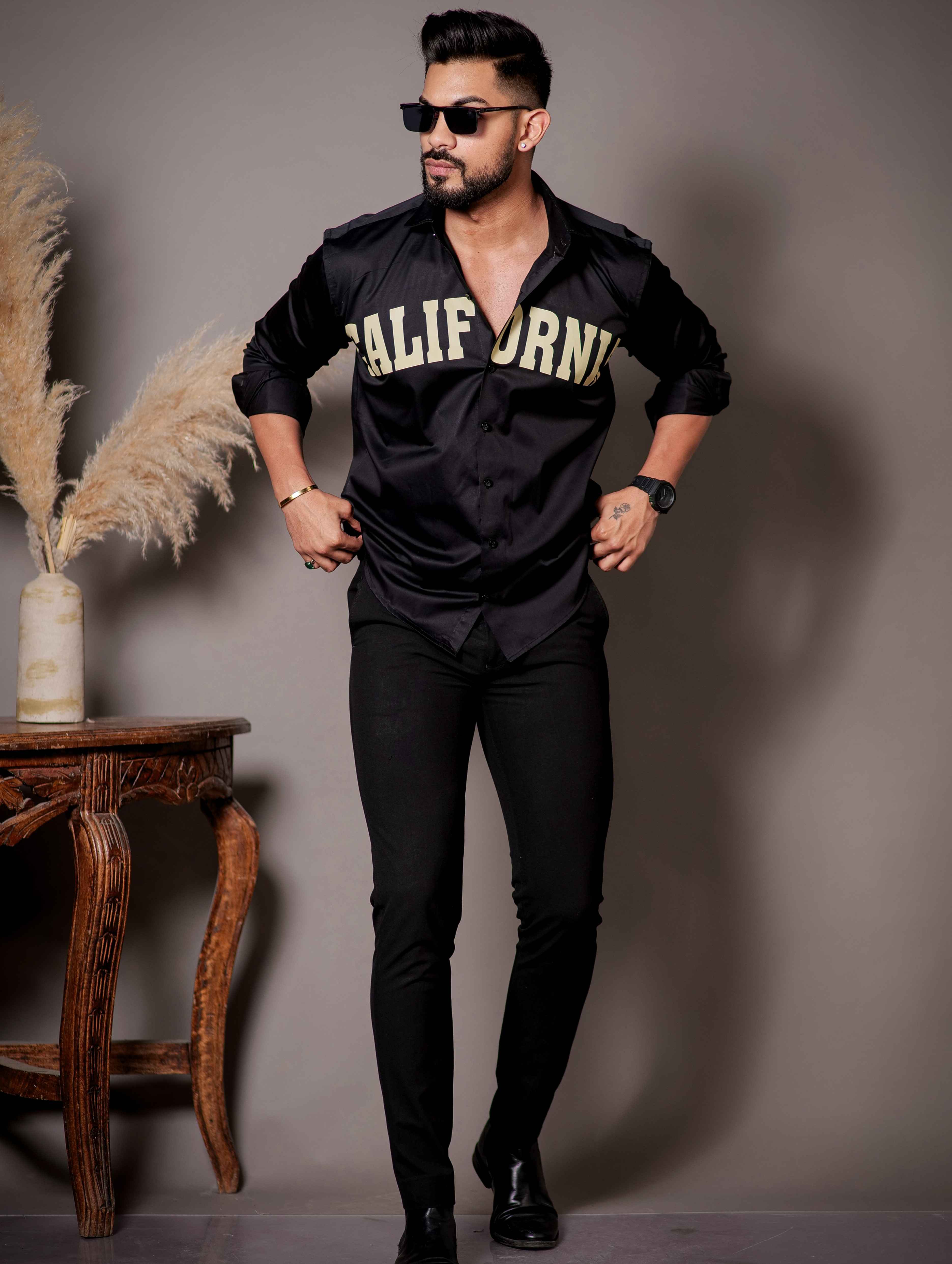 Black Club Wear Printed Satin Cotton Shirt - Image 3