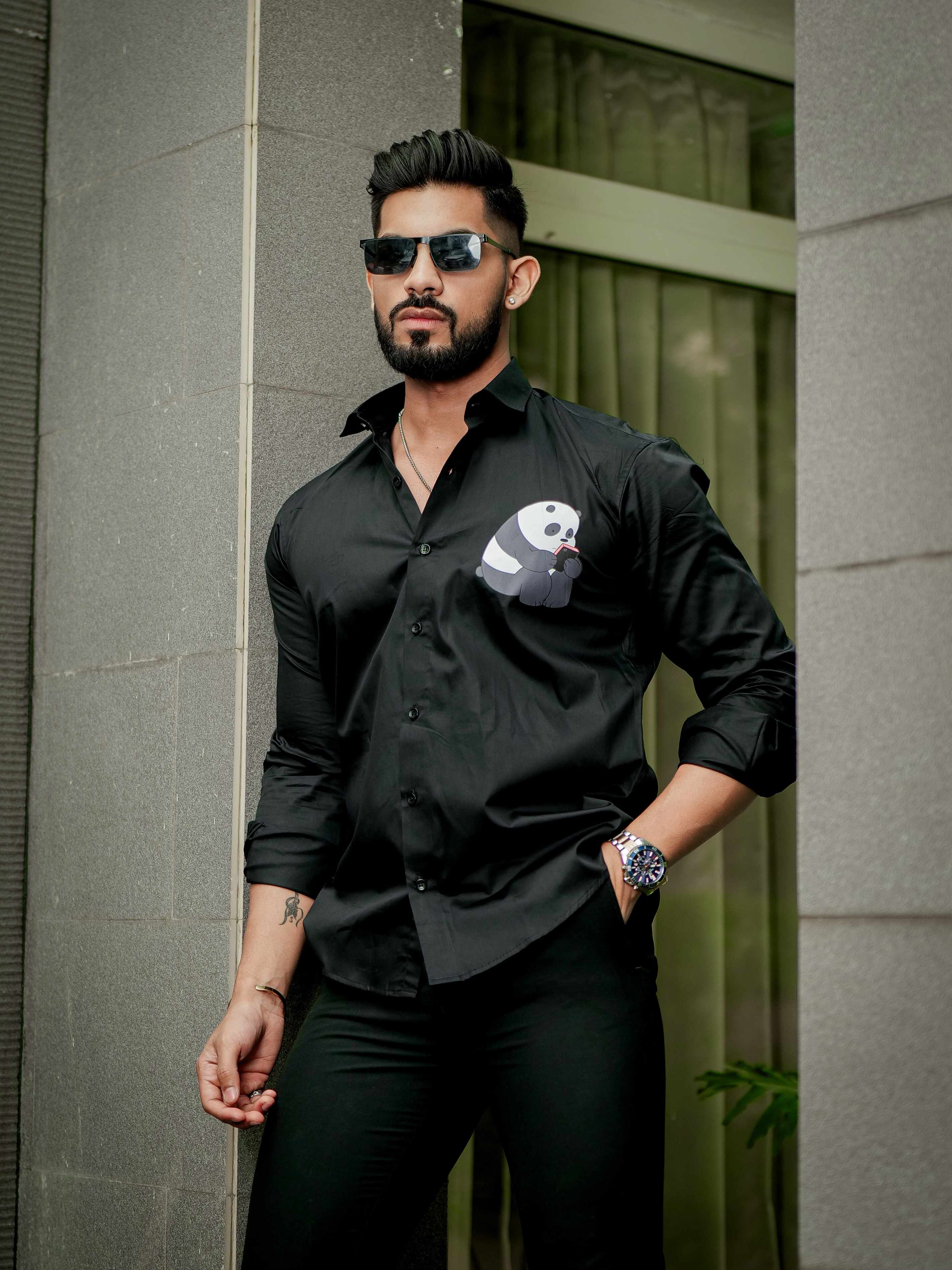 Black Club Wear Printed Satin Cotton Shirt - Image 2