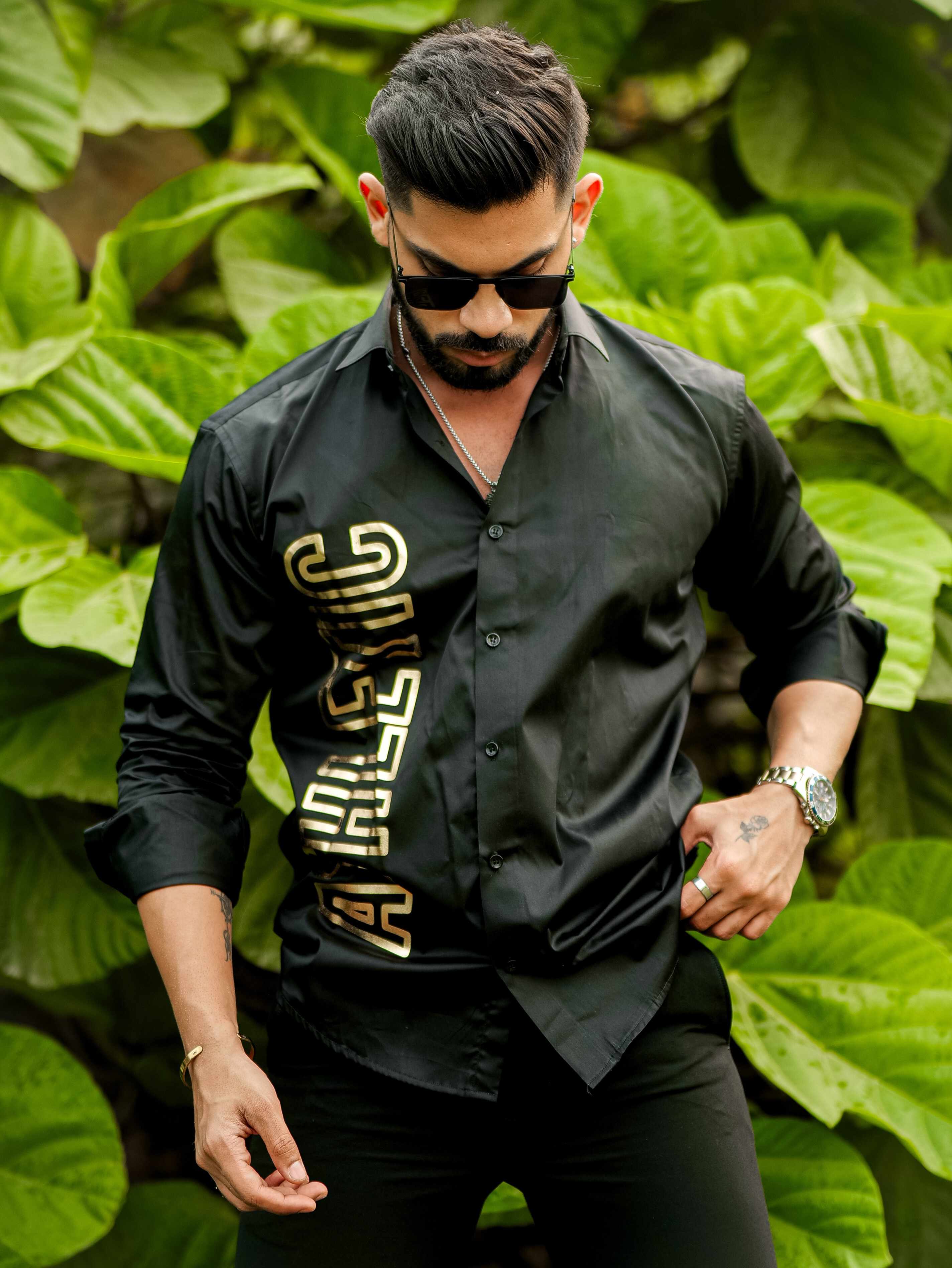 Black Club Wear Printed Satin Cotton Shirt - Image 4