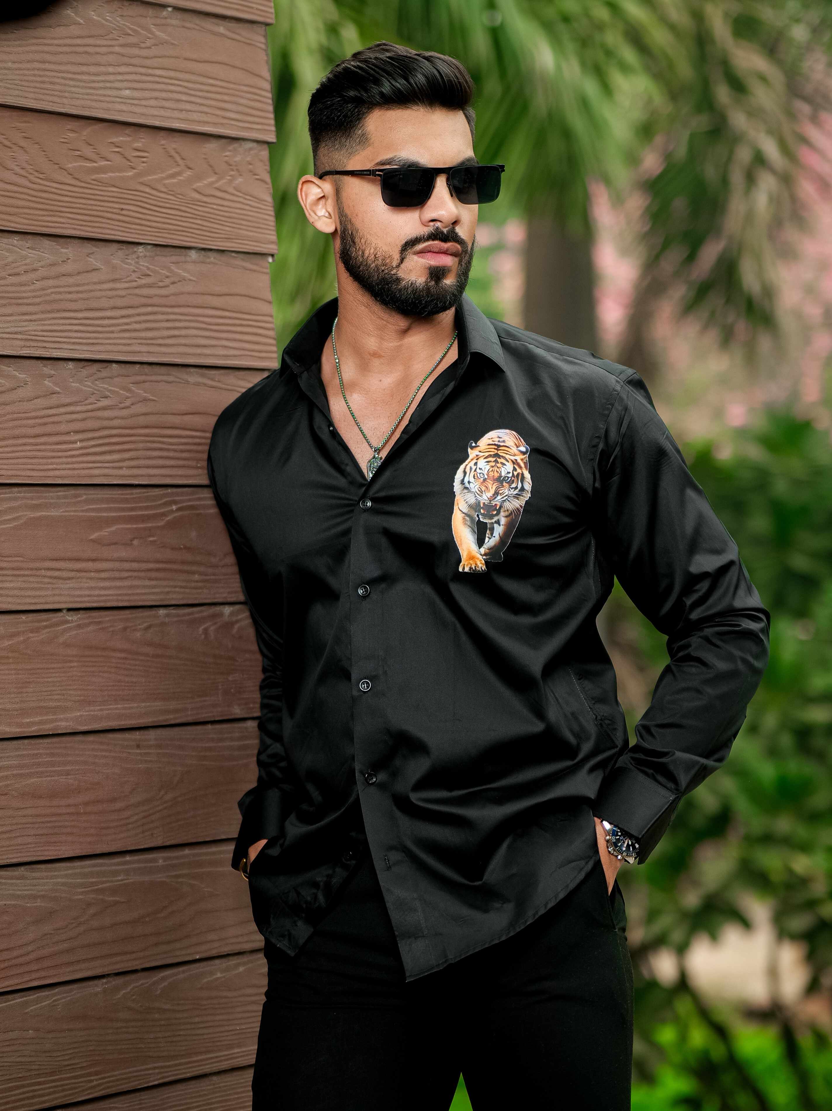 Black Club Wear Printed Satin Cotton Shirt - Image 2