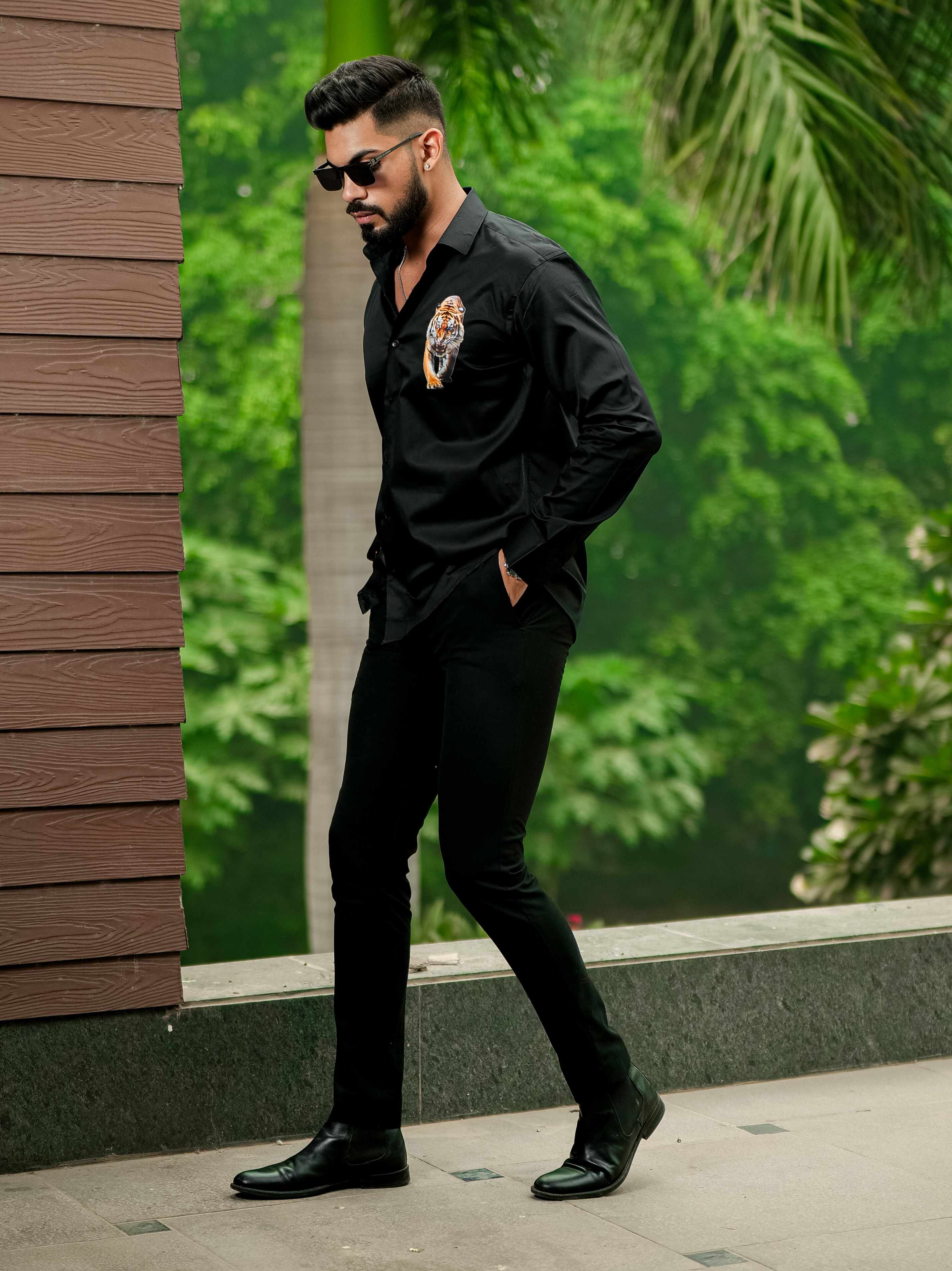 Black Club Wear Printed Satin Cotton Shirt - Image 6