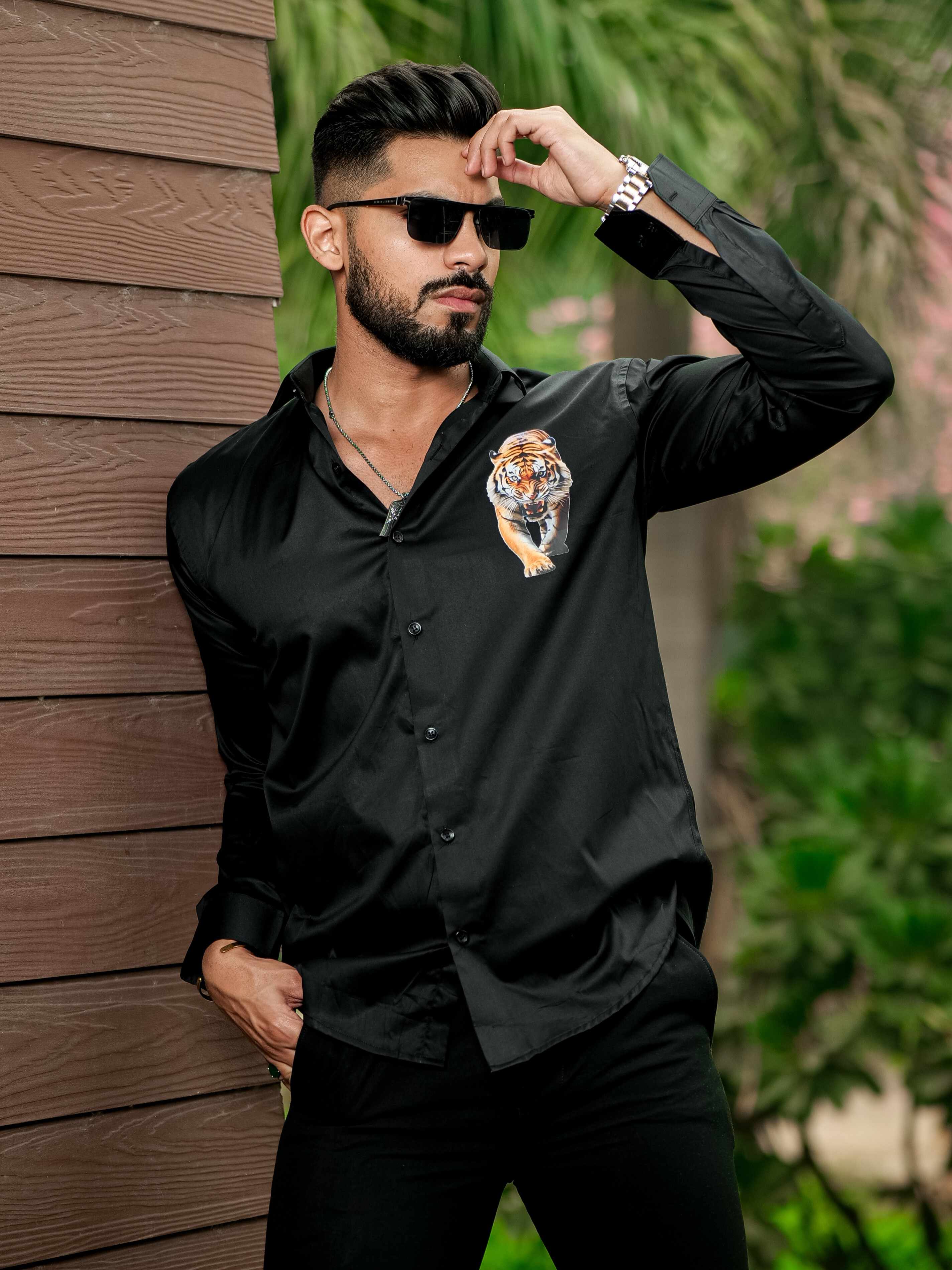 Black Club Wear Printed Satin Cotton Shirt - Image 8