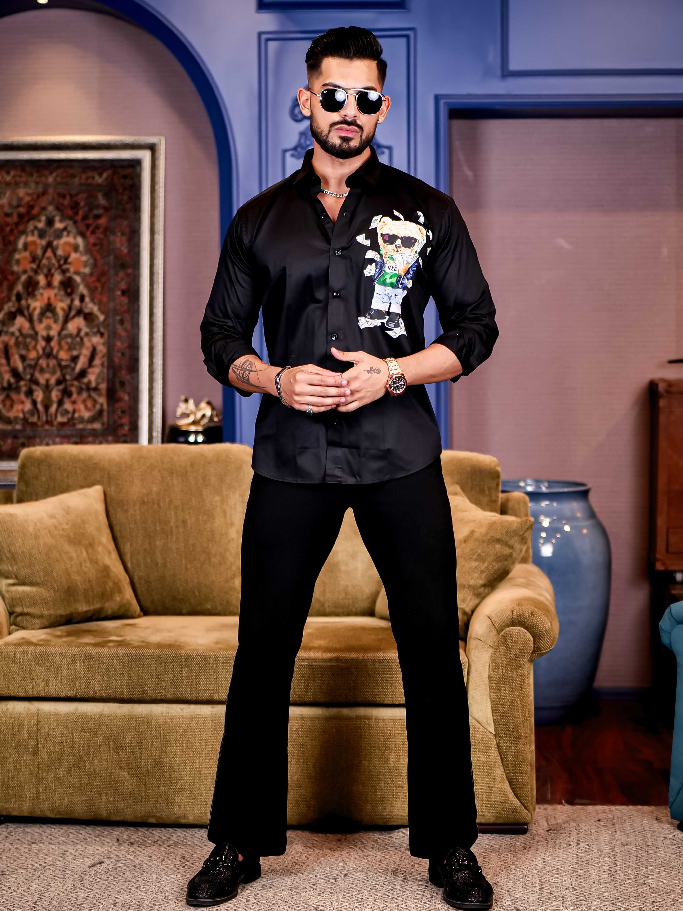 Black Club Wear Printed Satin Cotton Shirt - Image 5