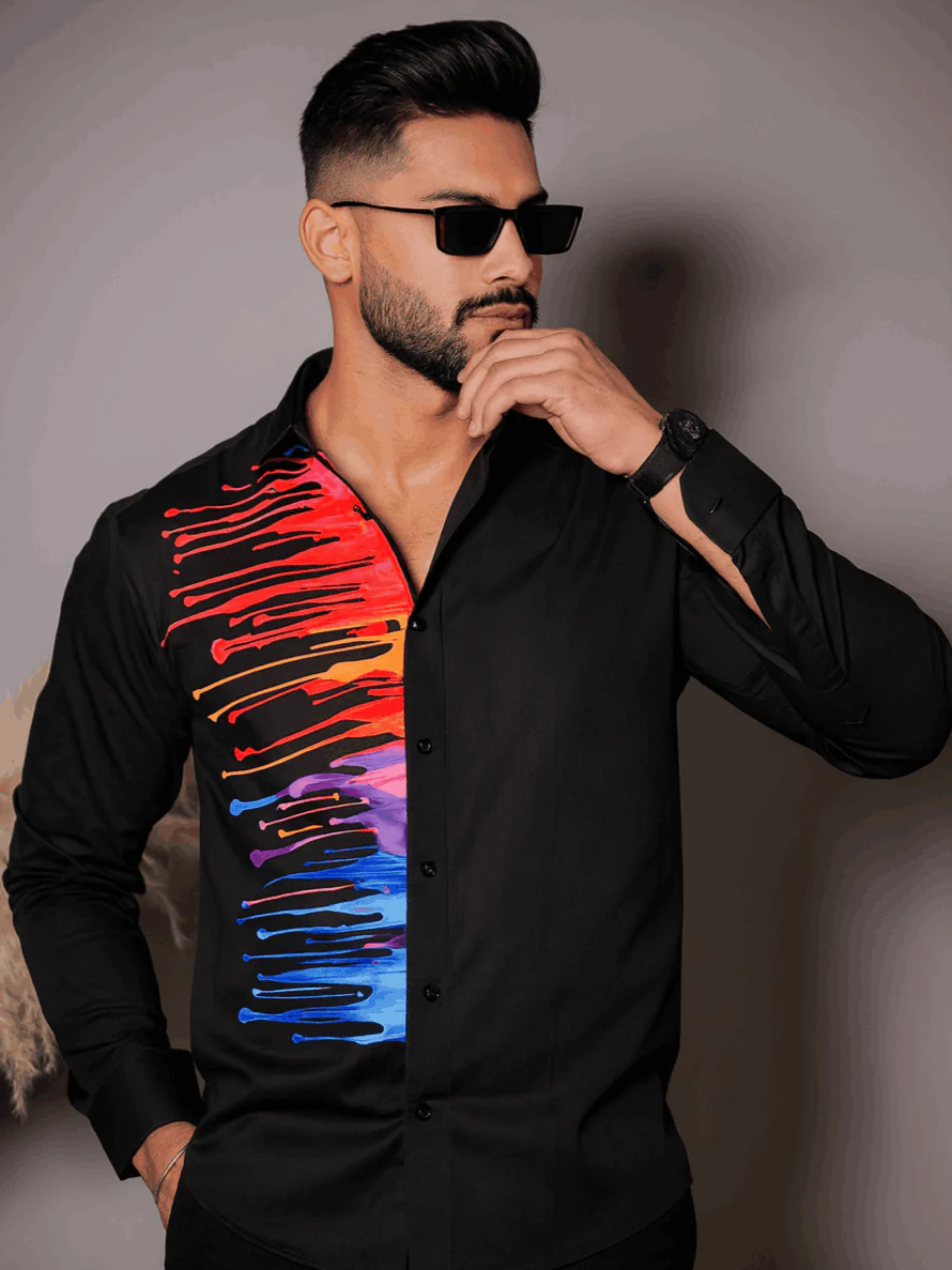 Black Club Wear Printed Satin Cotton Shirt