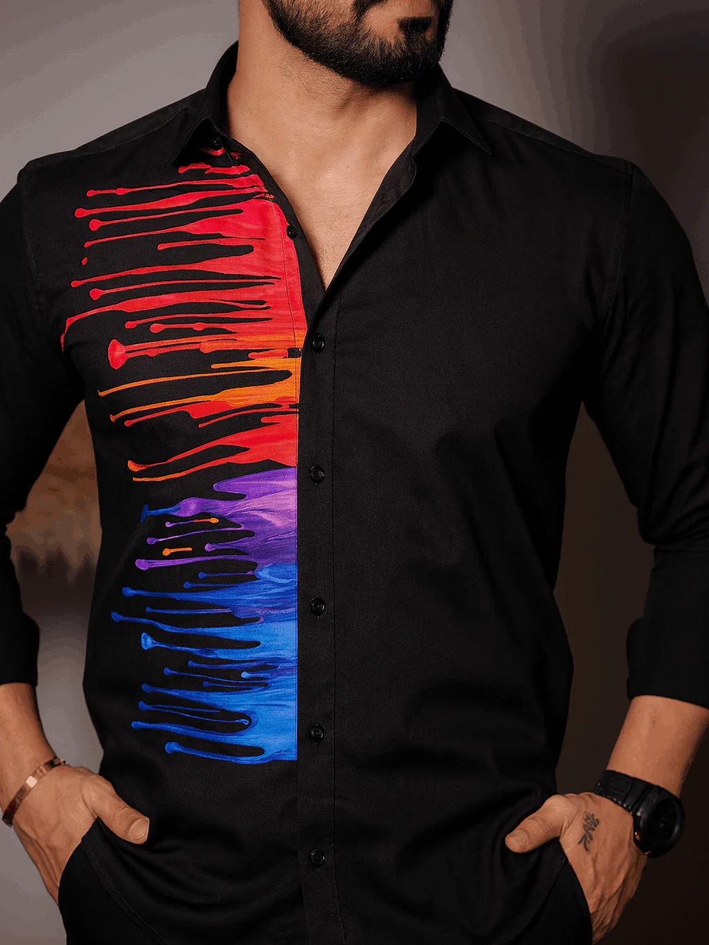 Black Club Wear Printed Satin Cotton Shirt - Image 2