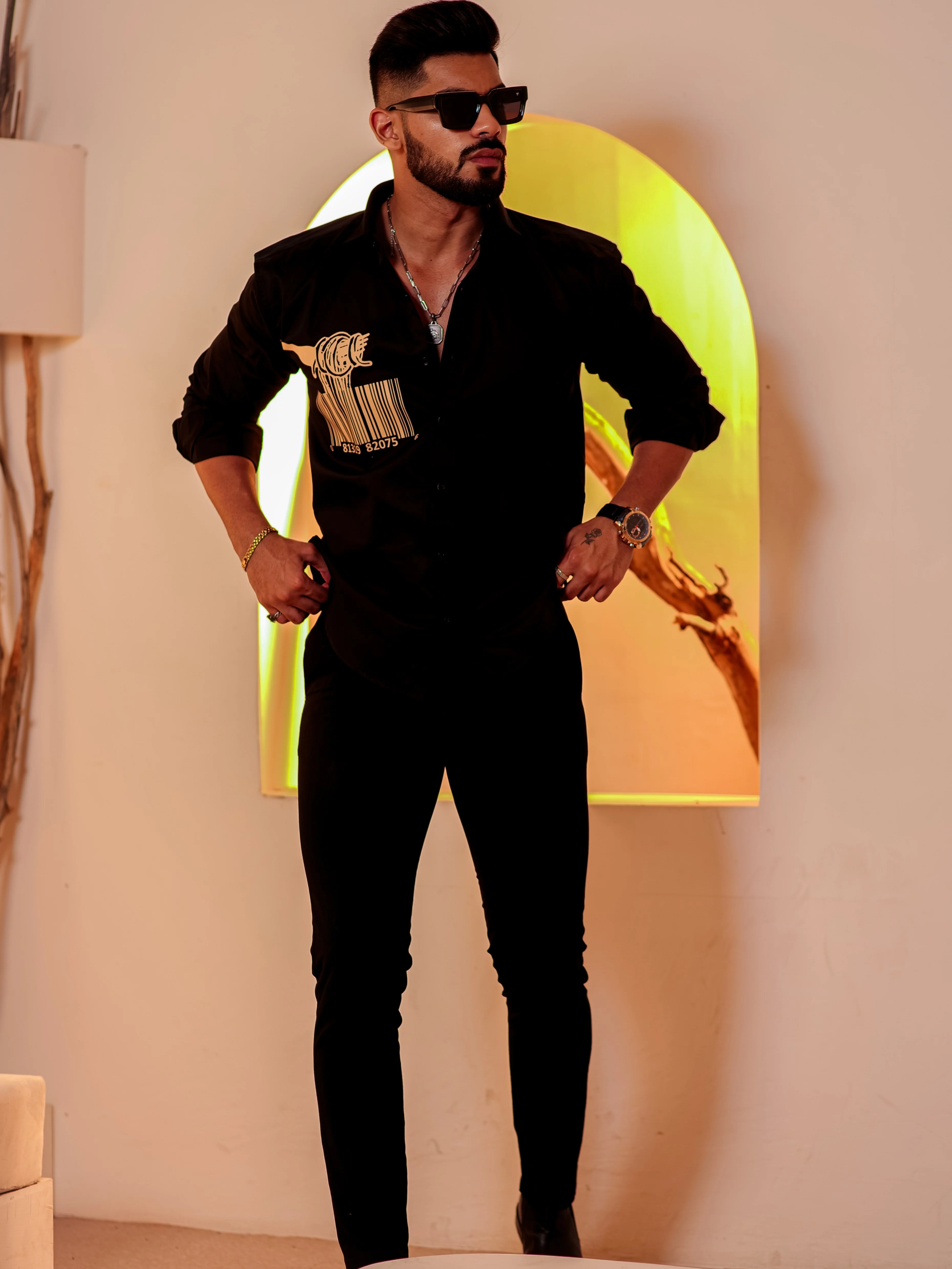 Black Club Wear Printed Satin Cotton Shirt - Image 3