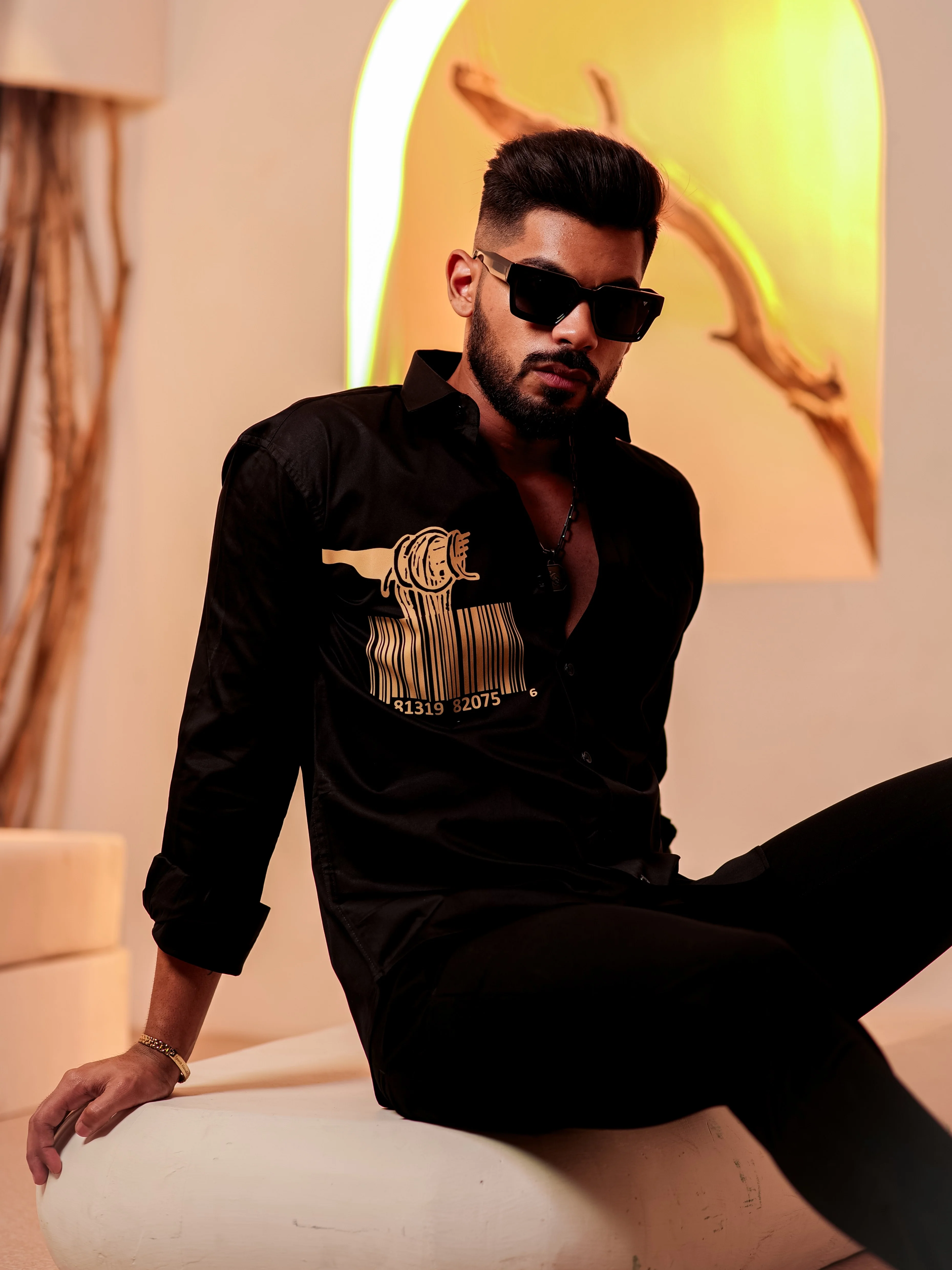 Black Club Wear Printed Satin Cotton Shirt - Image 4
