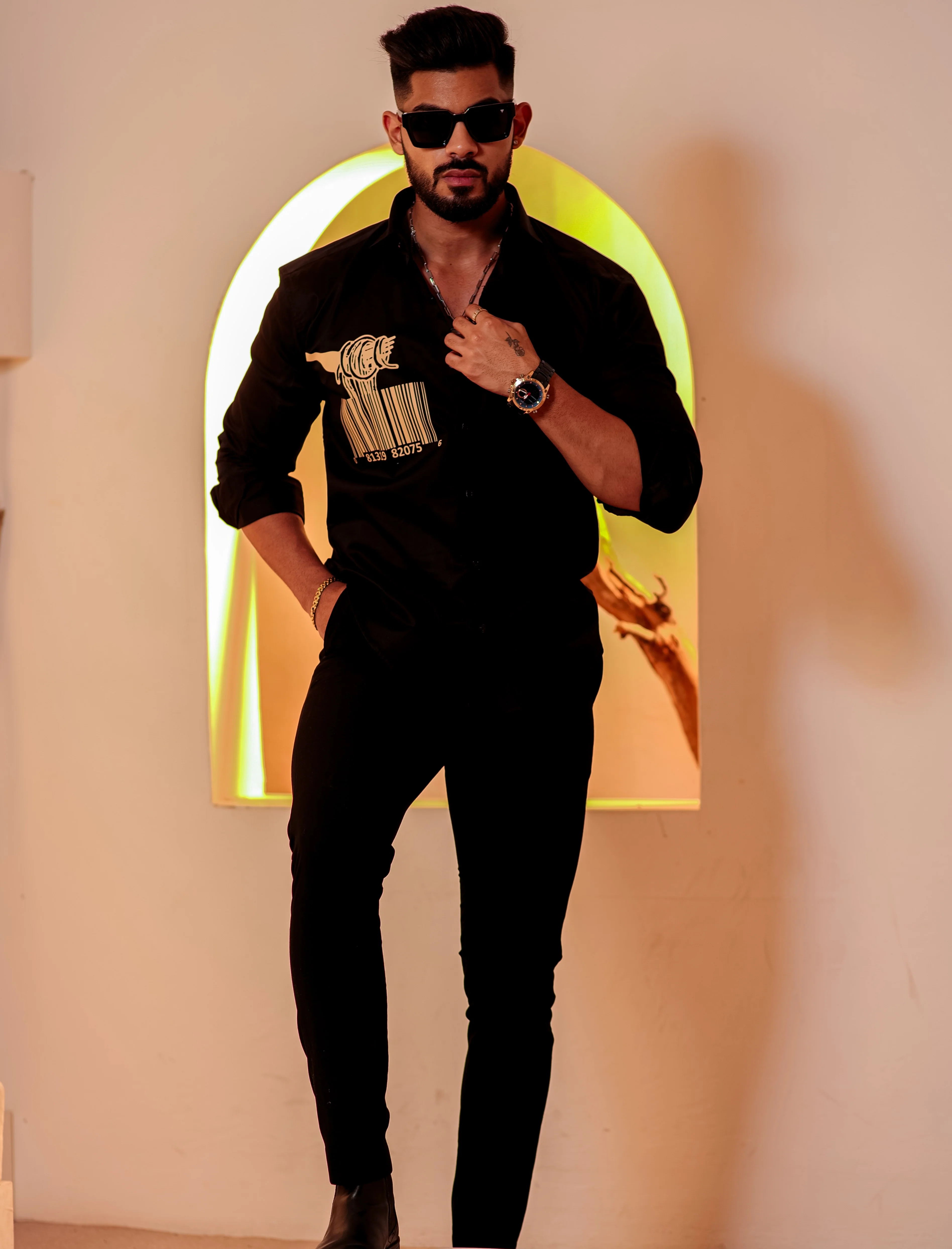 Black Club Wear Printed Satin Cotton Shirt - Image 7