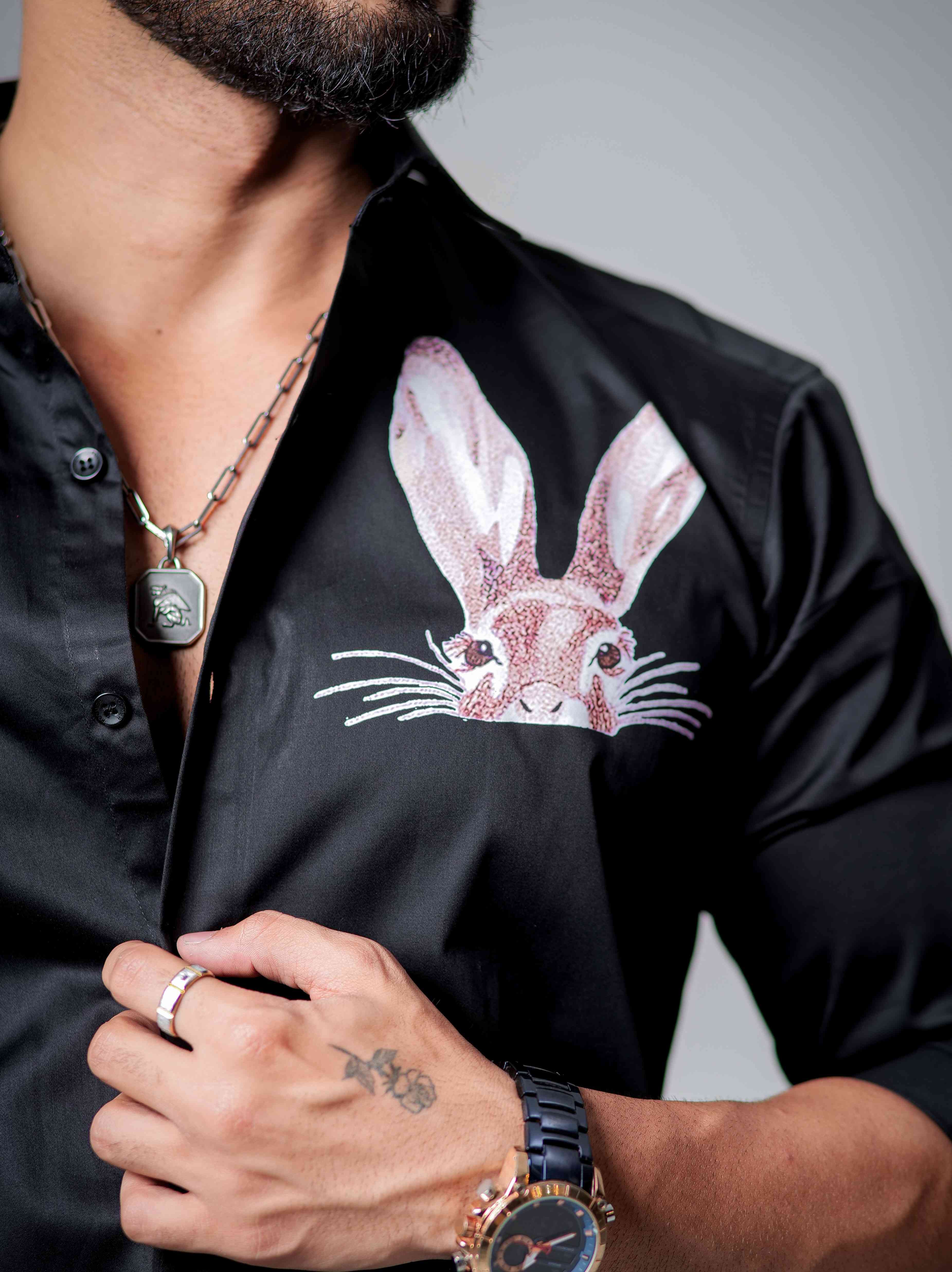 Black Club Wear Printed Satin Cotton Shirt - Image 2