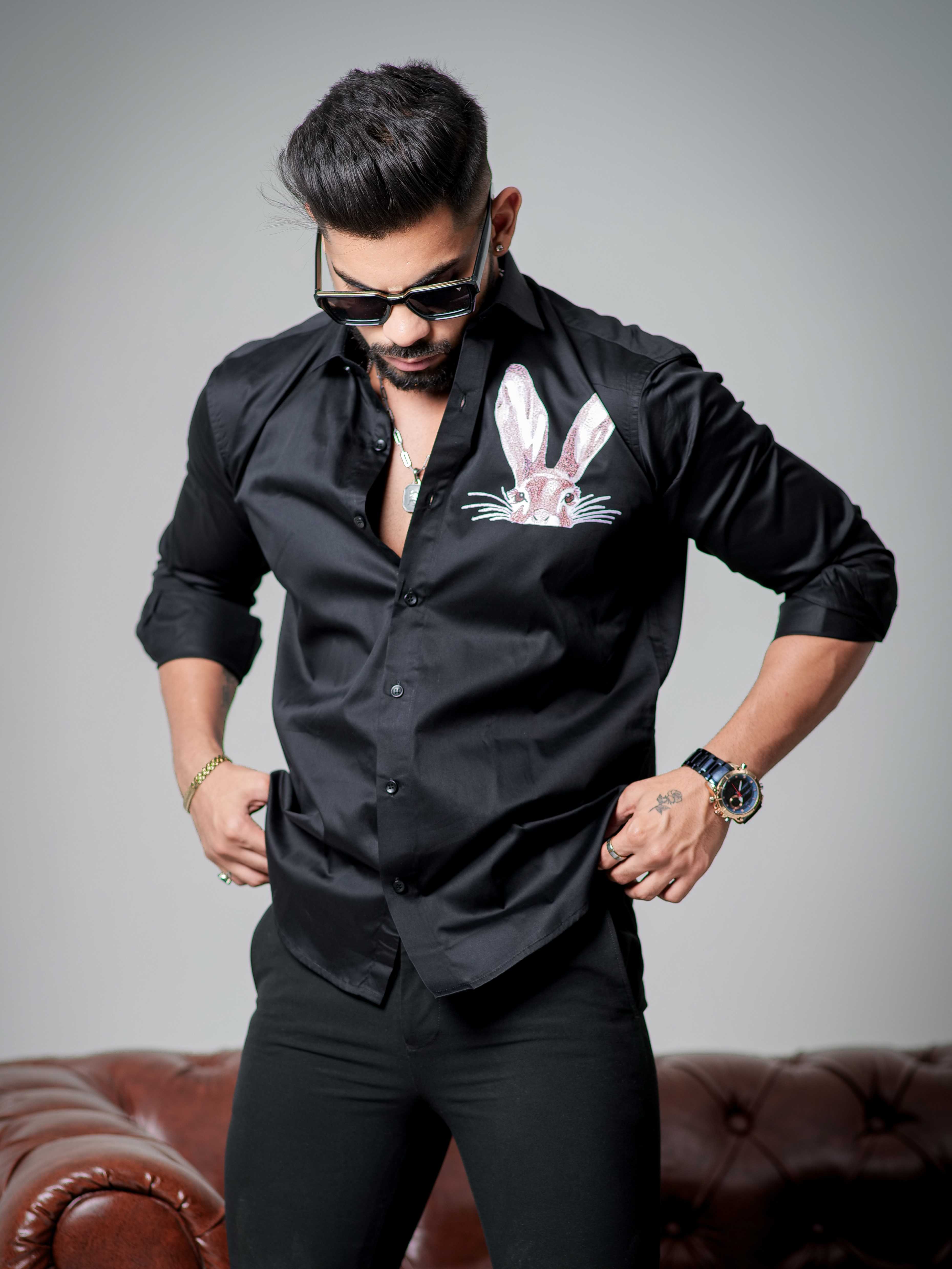 Black Club Wear Printed Satin Cotton Shirt - Image 3