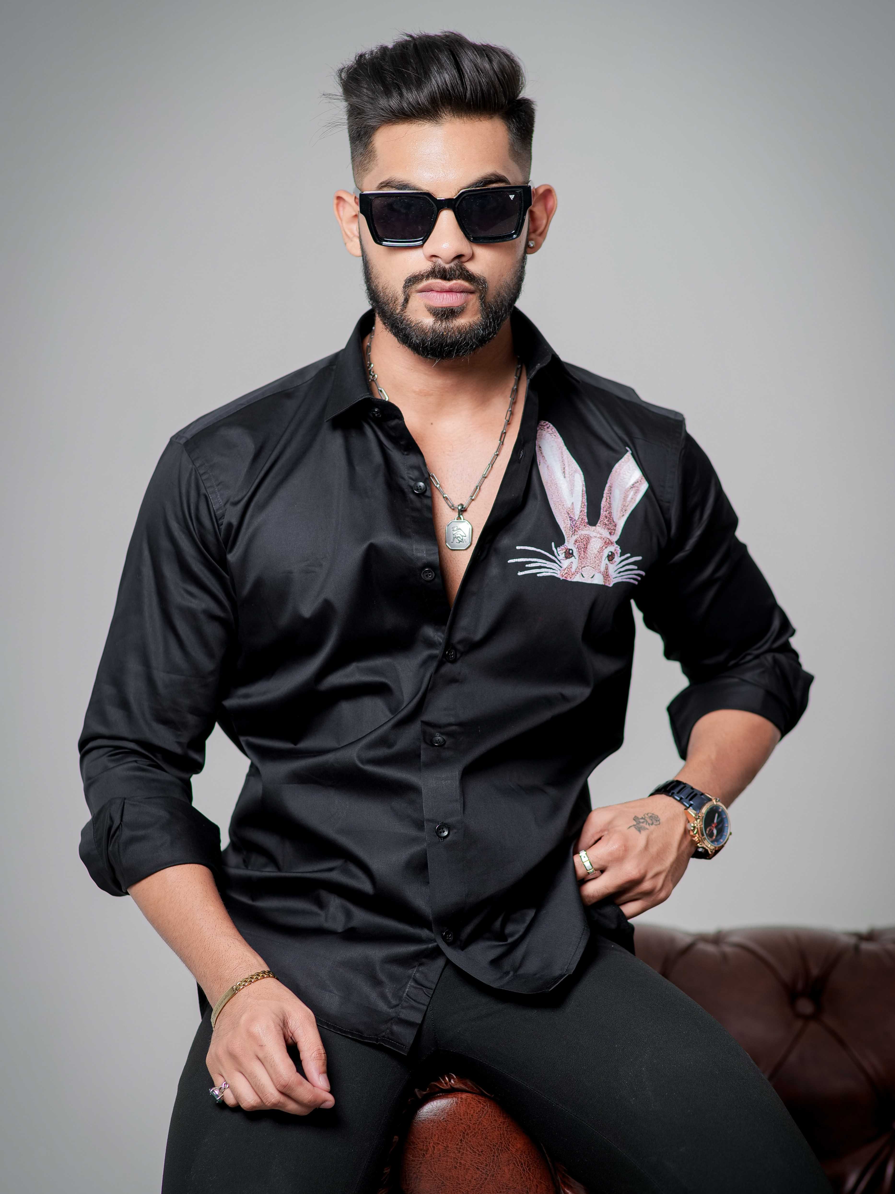 Black Club Wear Printed Satin Cotton Shirt - Image 6
