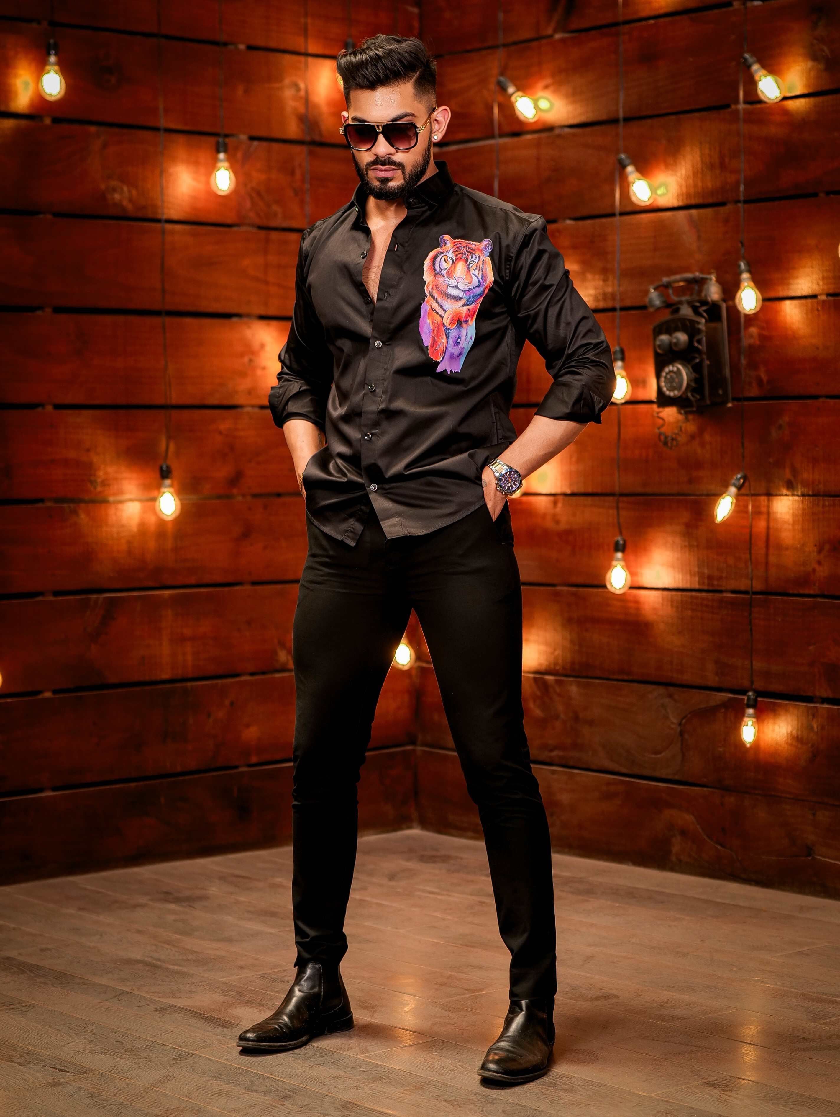 Black Club Wear Printed Satin Cotton Shirt - Image 3