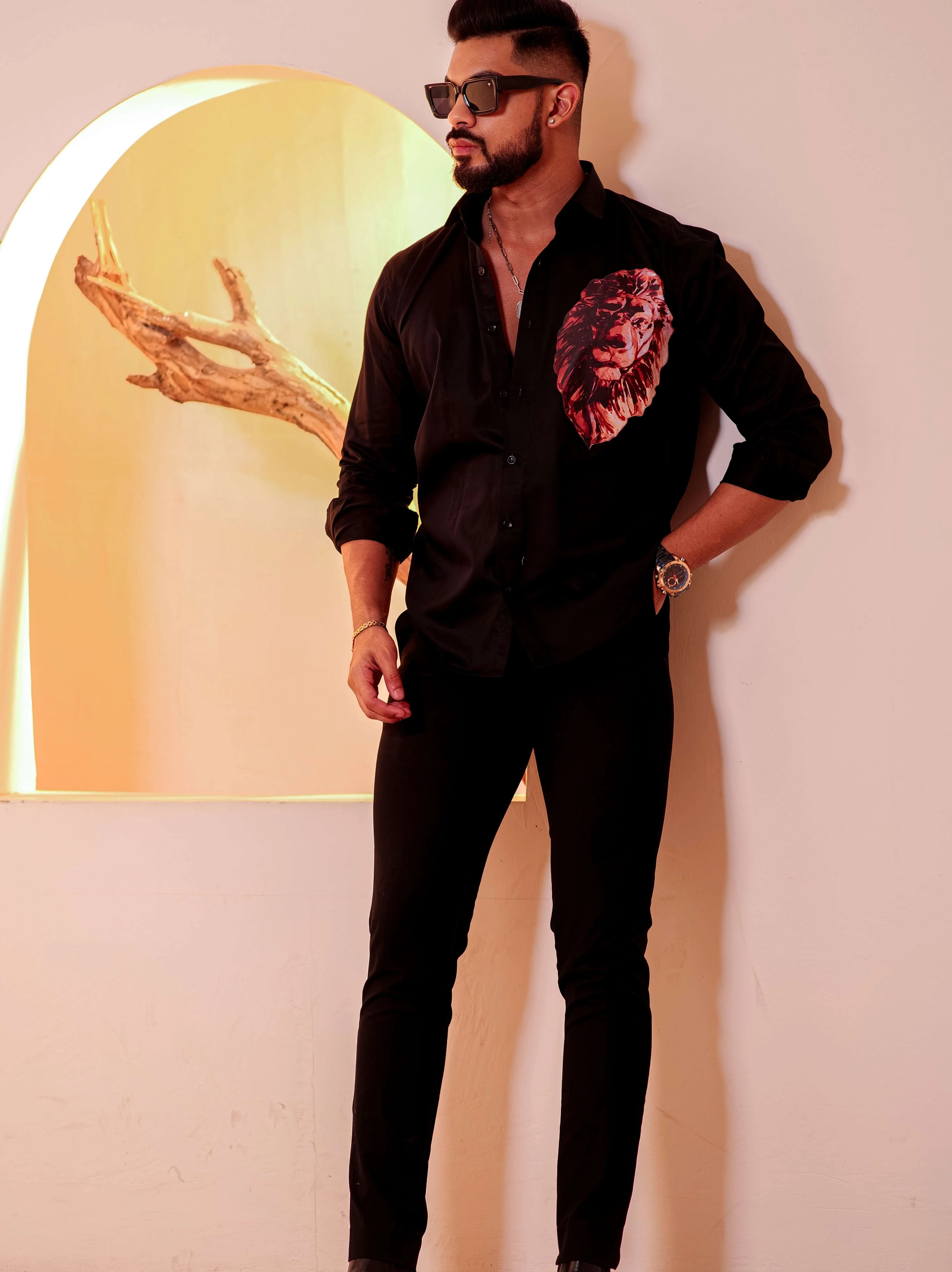 Black Club Wear Printed Satin Cotton Shirt - Image 5