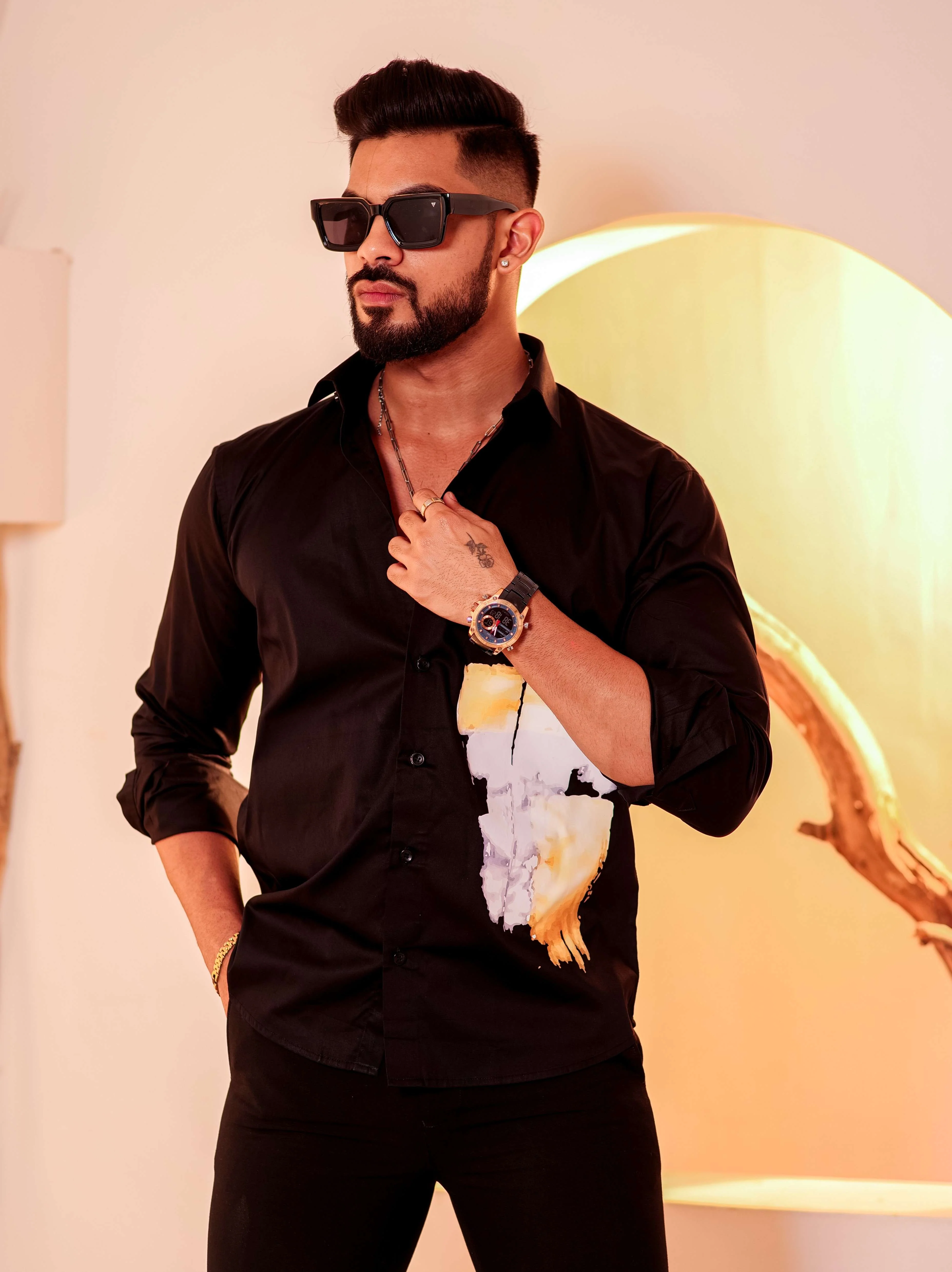 Black Club Wear Printed Satin Cotton Shirt - Image 4