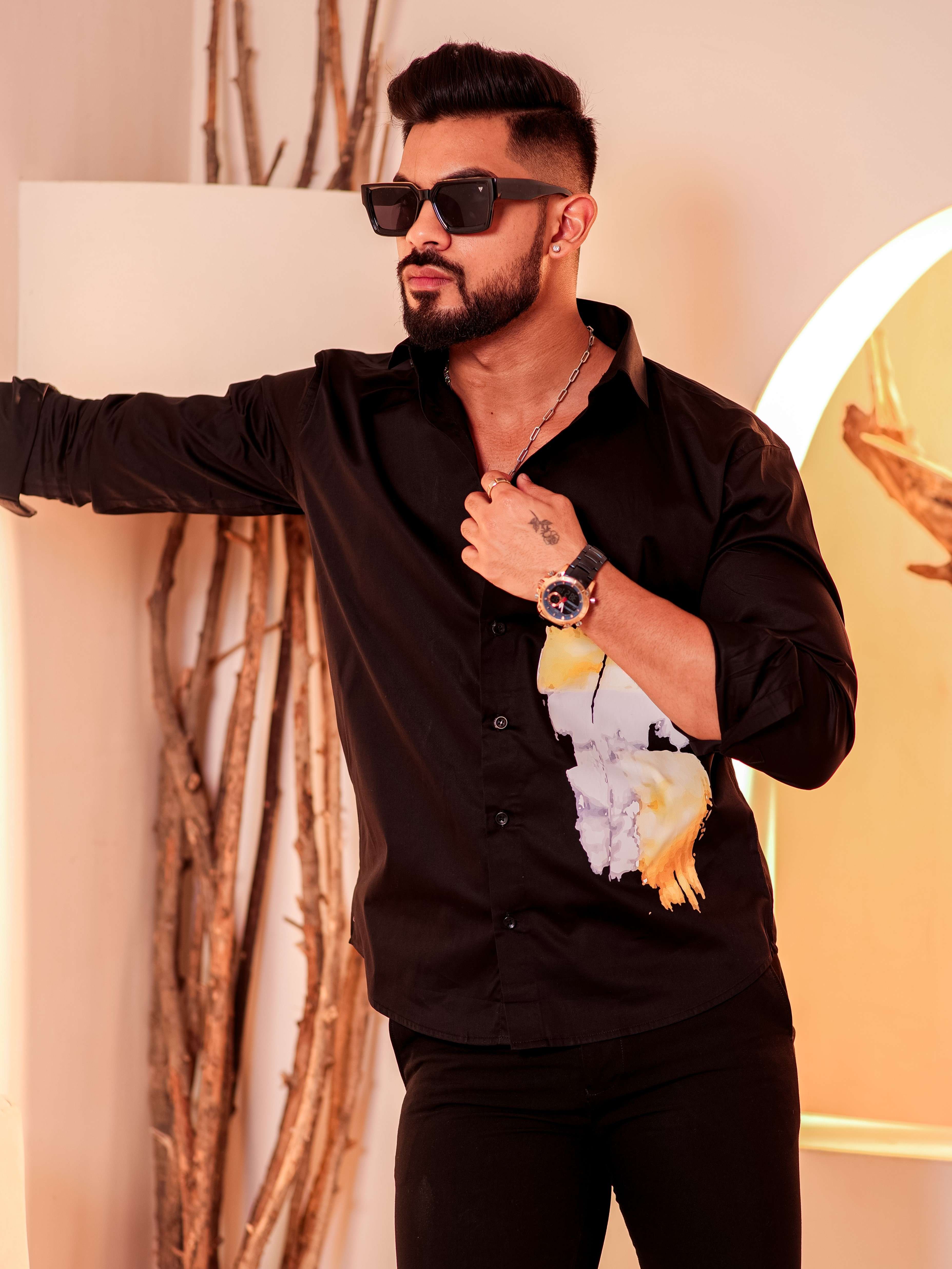 Black Club Wear Printed Satin Cotton Shirt - Image 6