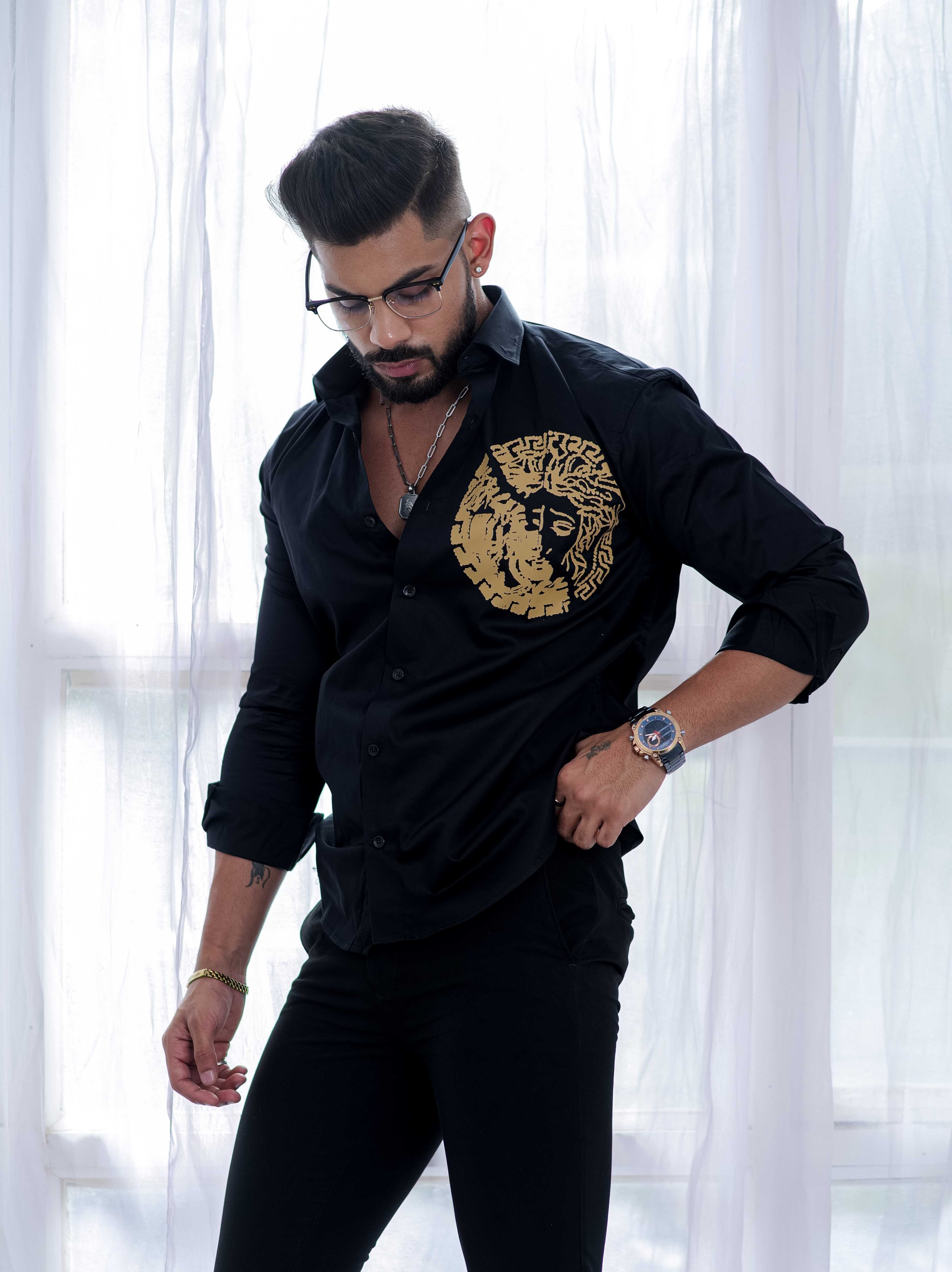 Black Club Wear Printed Satin Cotton Shirt - Image 4