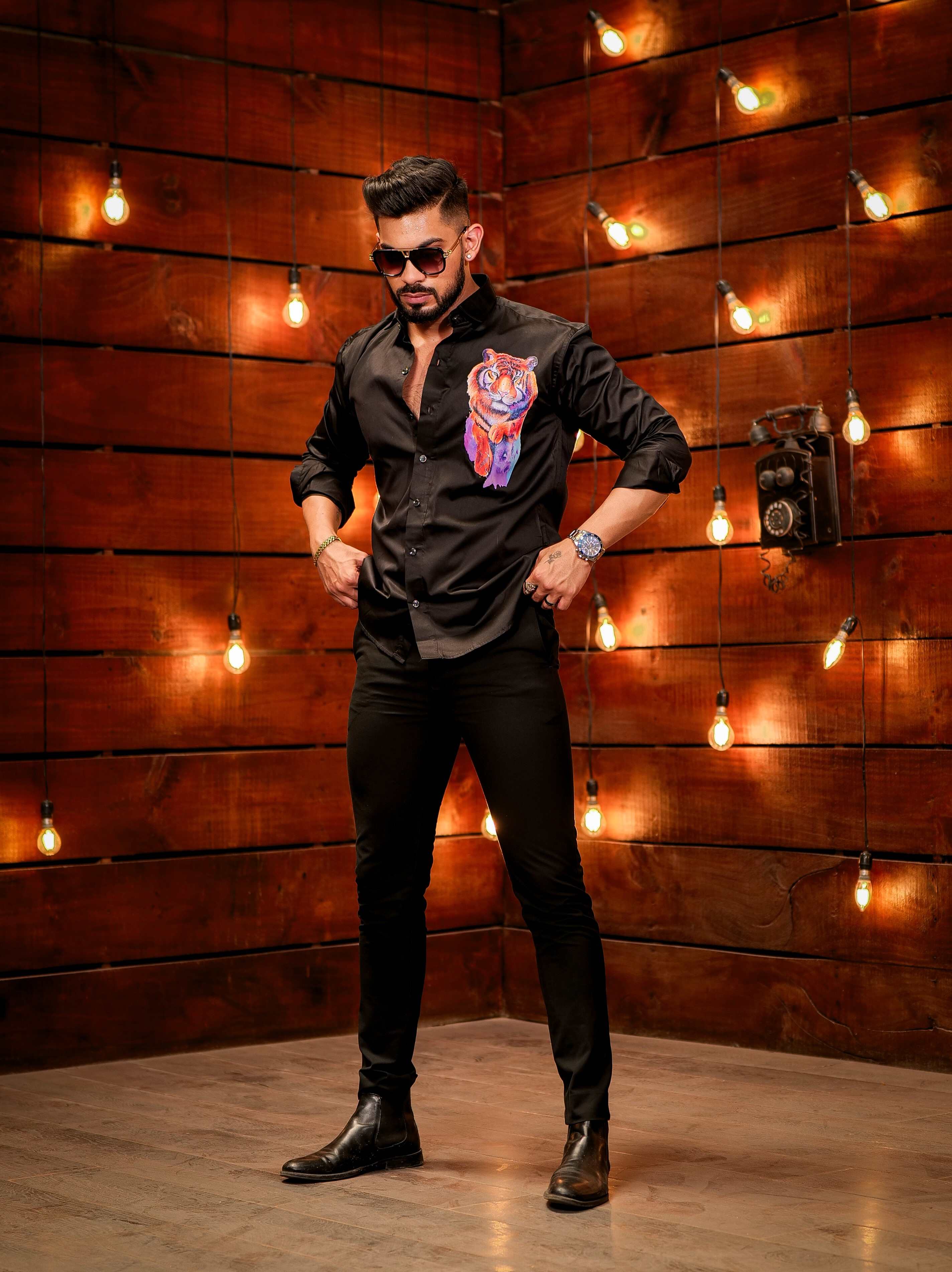Black Club Wear Printed Satin Cotton Shirt - Image 6