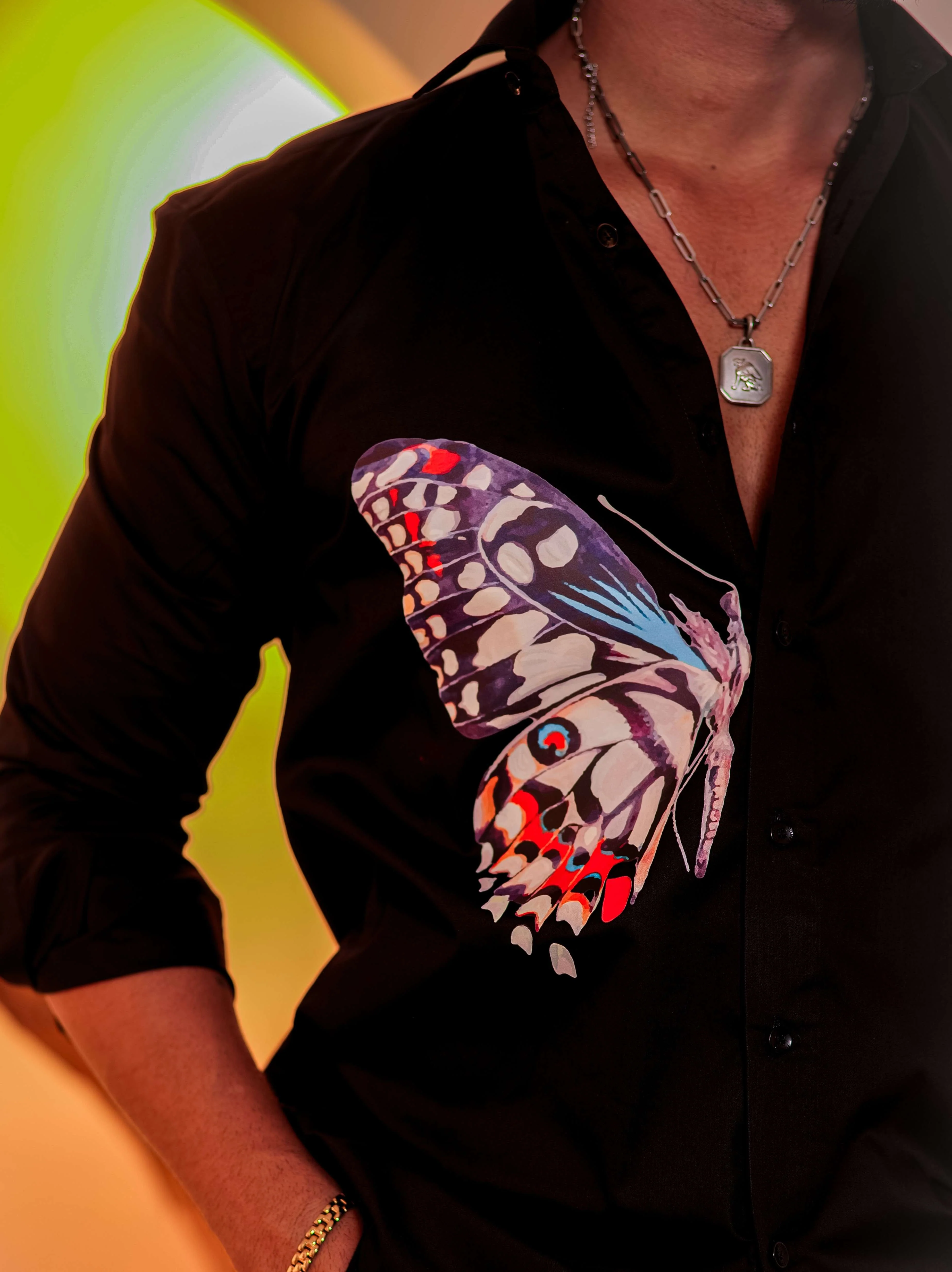 Black Club Wear Printed Satin Cotton Shirt - Image 2