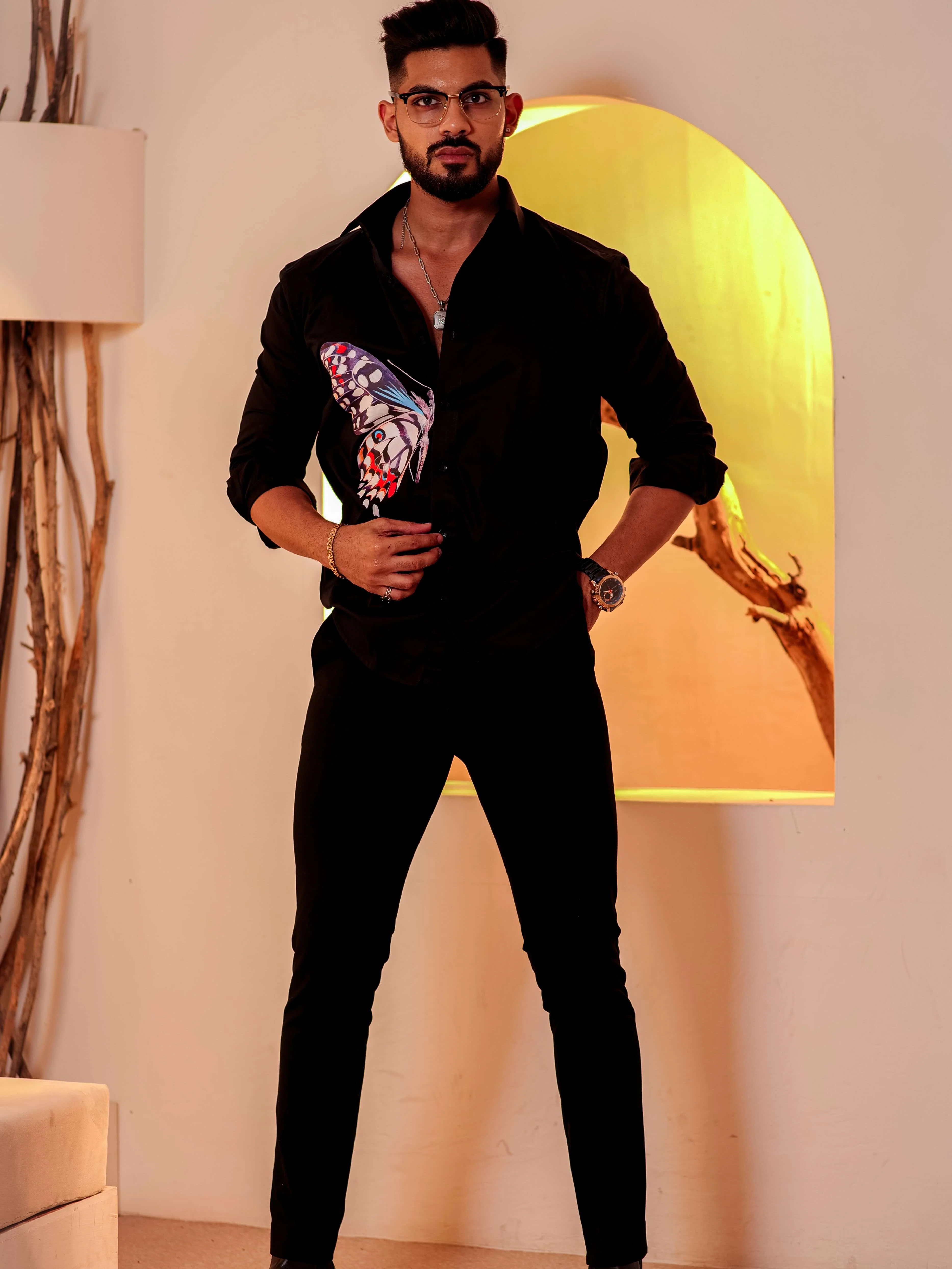 Black Club Wear Printed Satin Cotton Shirt - Image 3