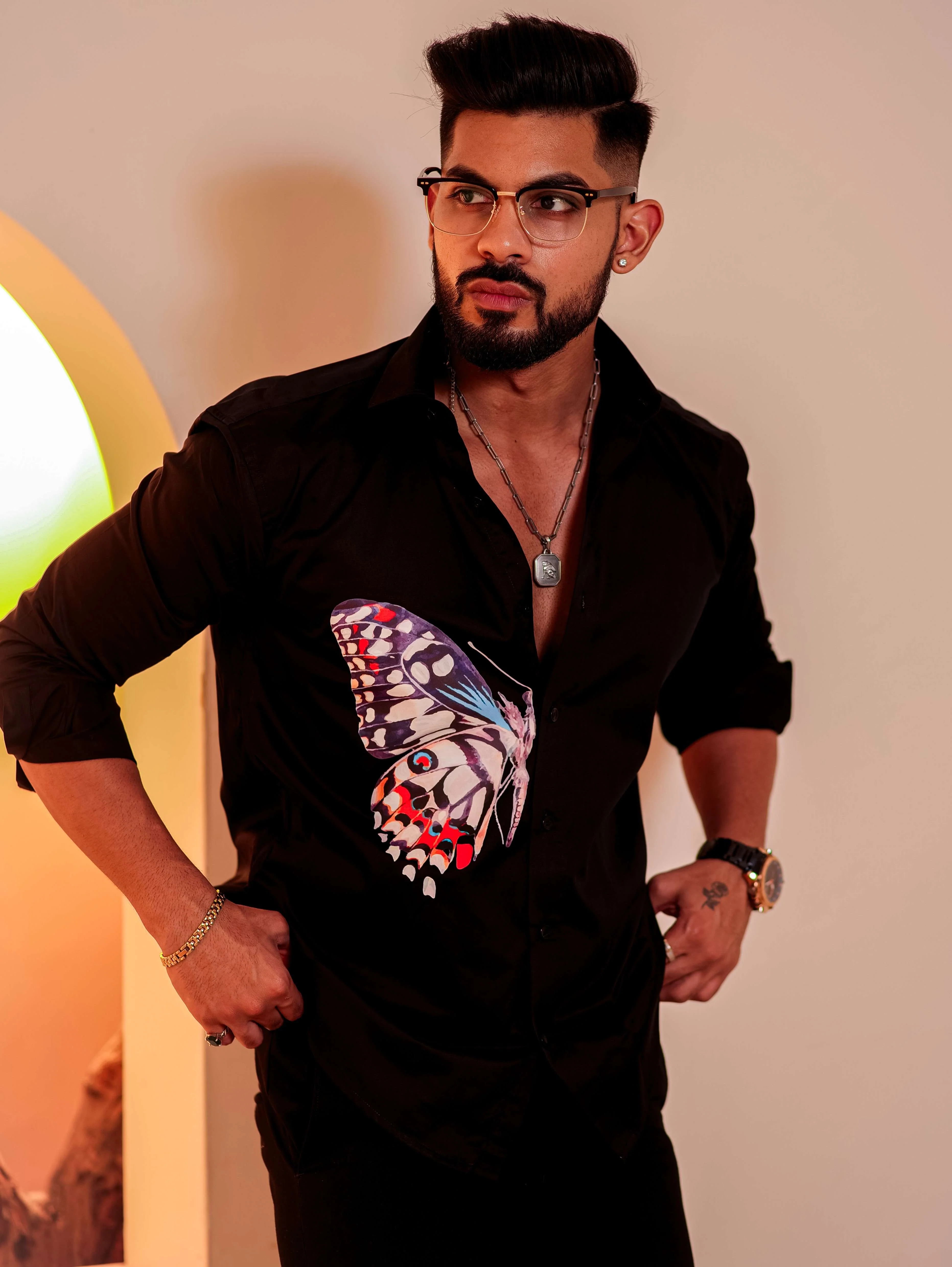 Black Club Wear Printed Satin Cotton Shirt - Image 7