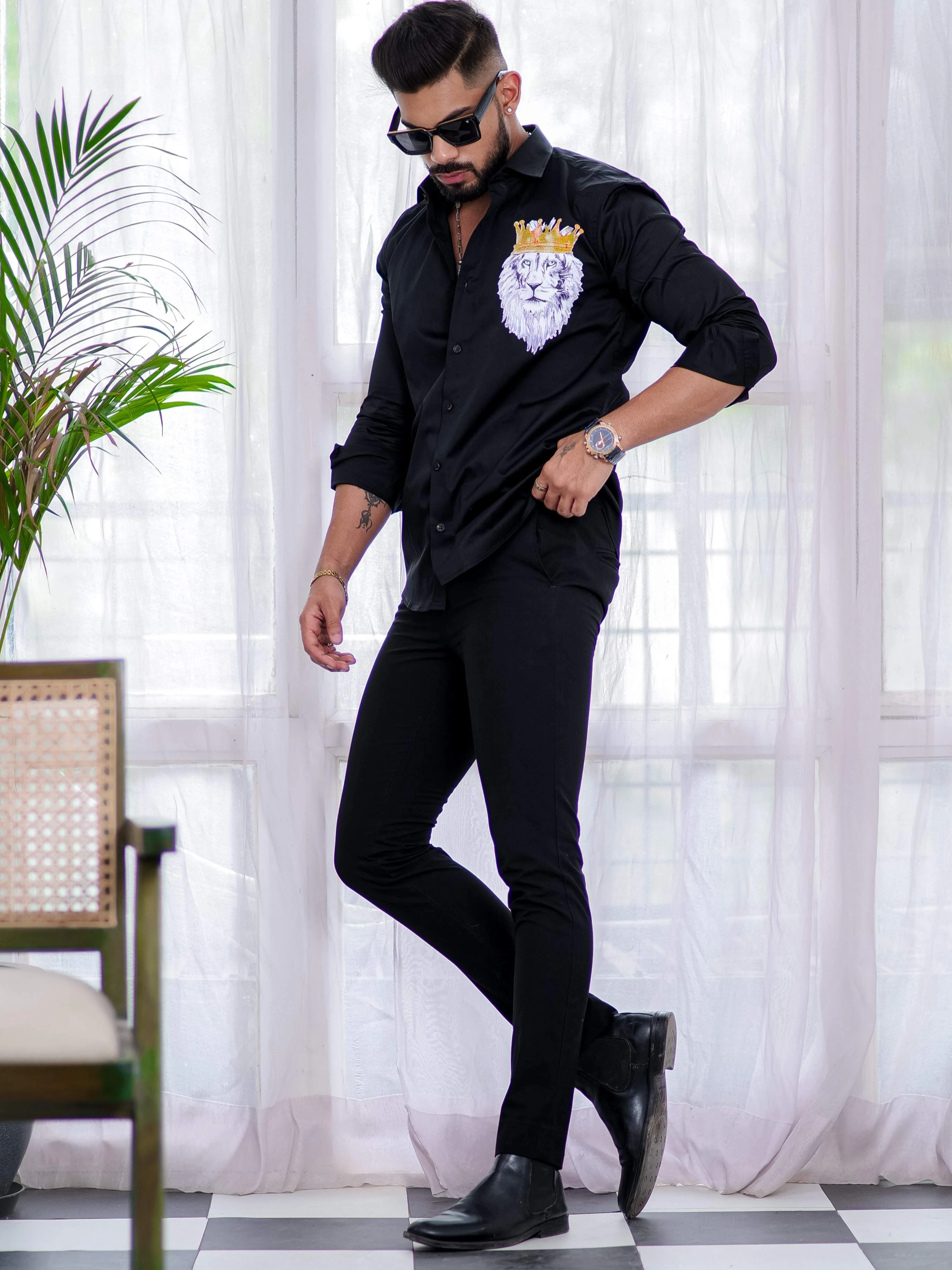 Black Club Wear Printed Satin Cotton Shirt - Image 3