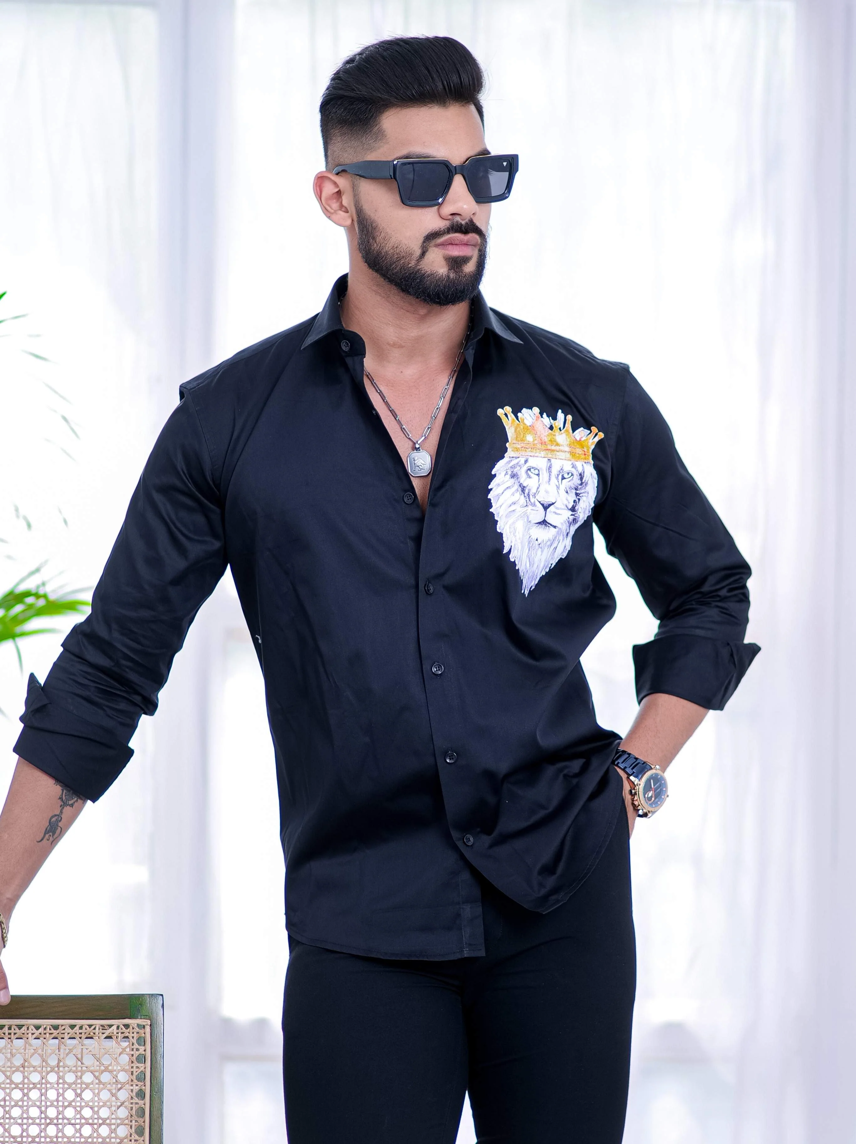 Black Club Wear Printed Satin Cotton Shirt - Image 4