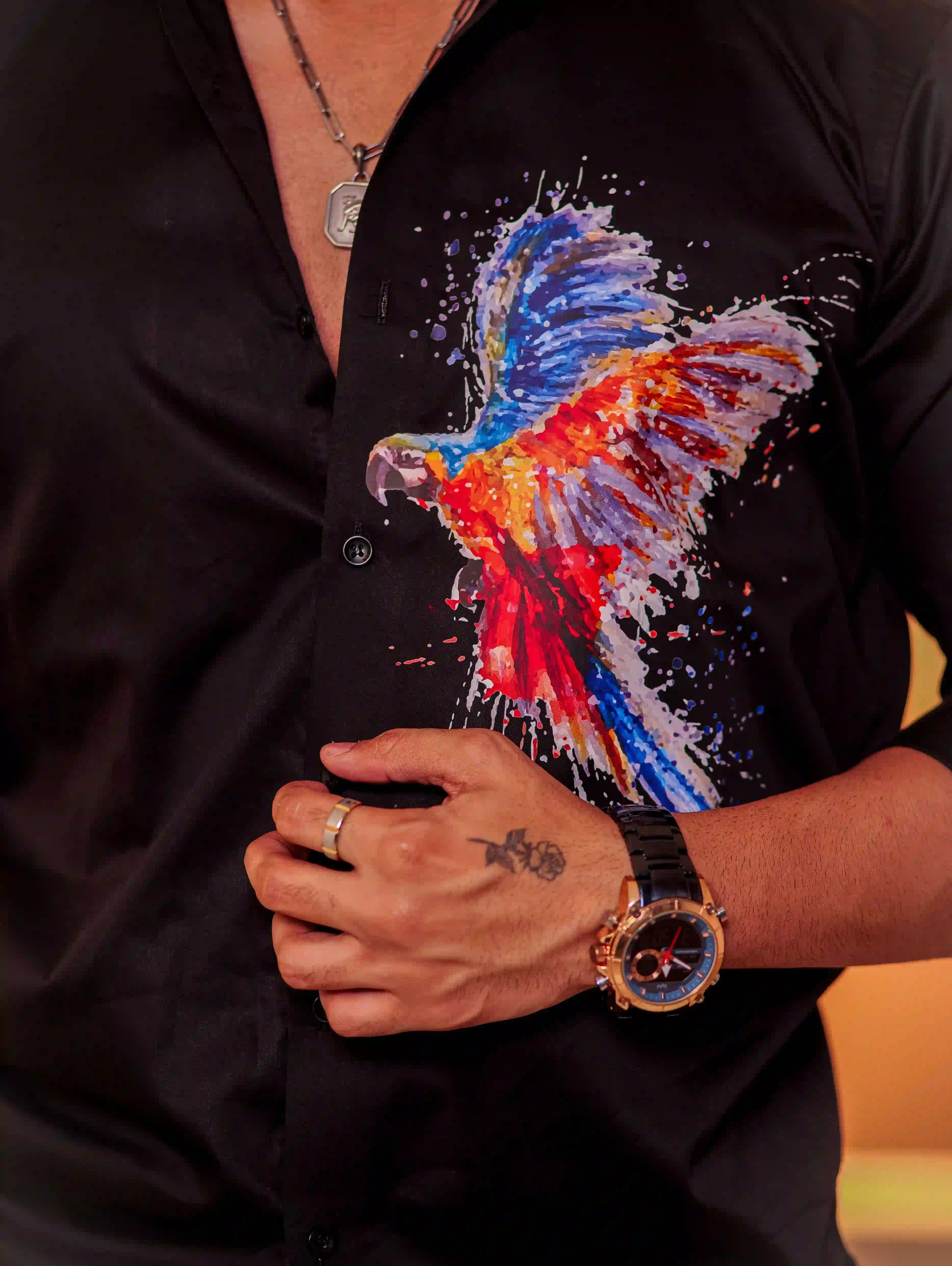 Black Club Wear Printed Satin Cotton Shirt - Image 2