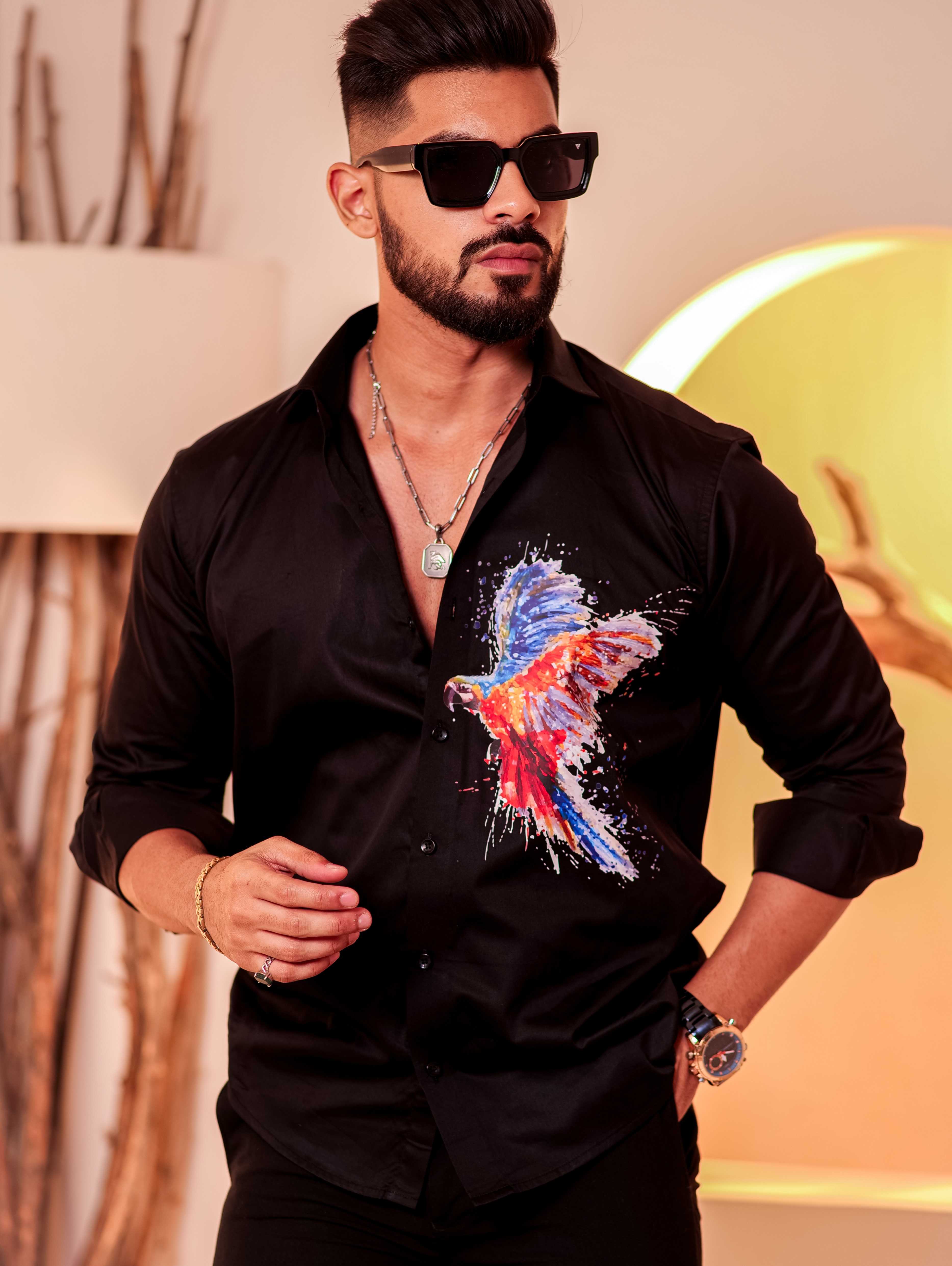 Black Club Wear Printed Satin Cotton Shirt - Image 6
