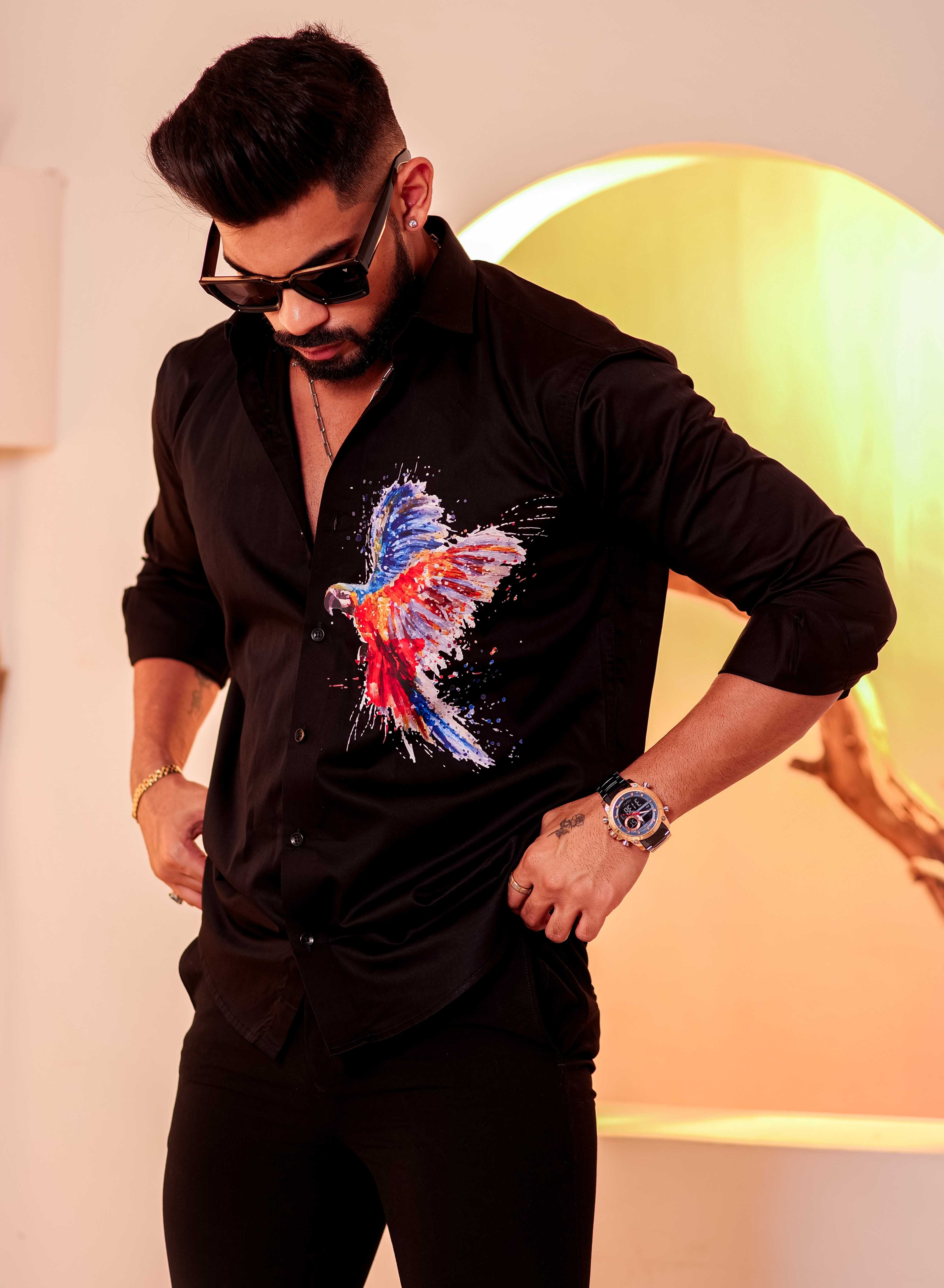 Black Club Wear Printed Satin Cotton Shirt - Image 7