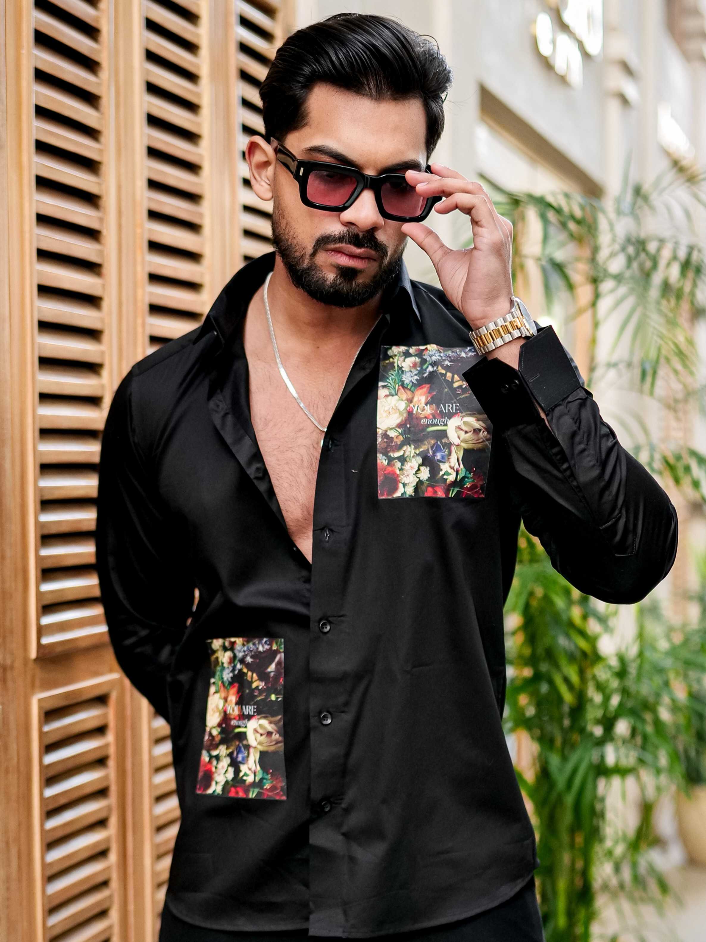 BLACK CLUB WEAR PRINTED SATIN COTTON SHIRT