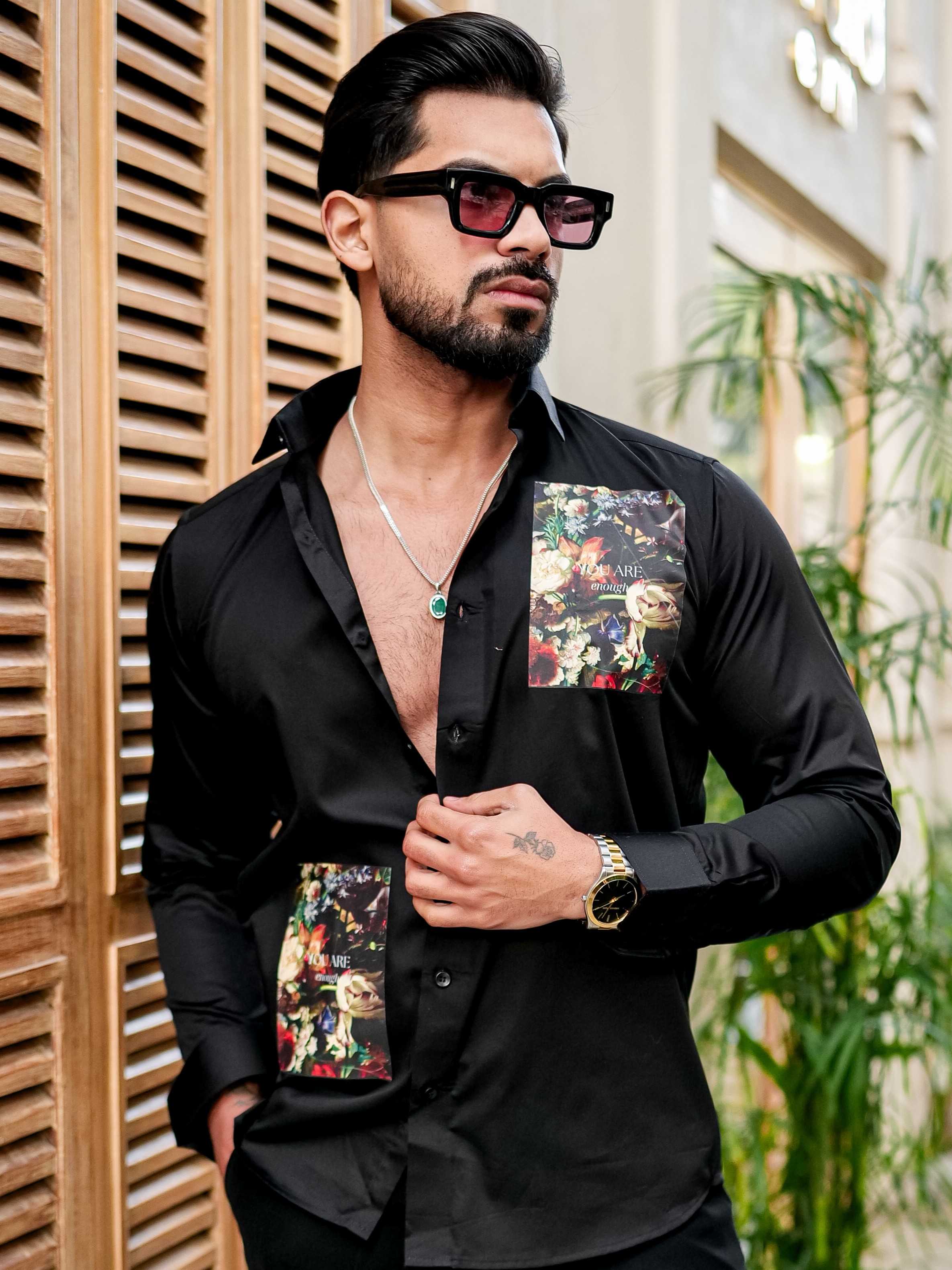 BLACK CLUB WEAR PRINTED SATIN COTTON SHIRT - Image 3
