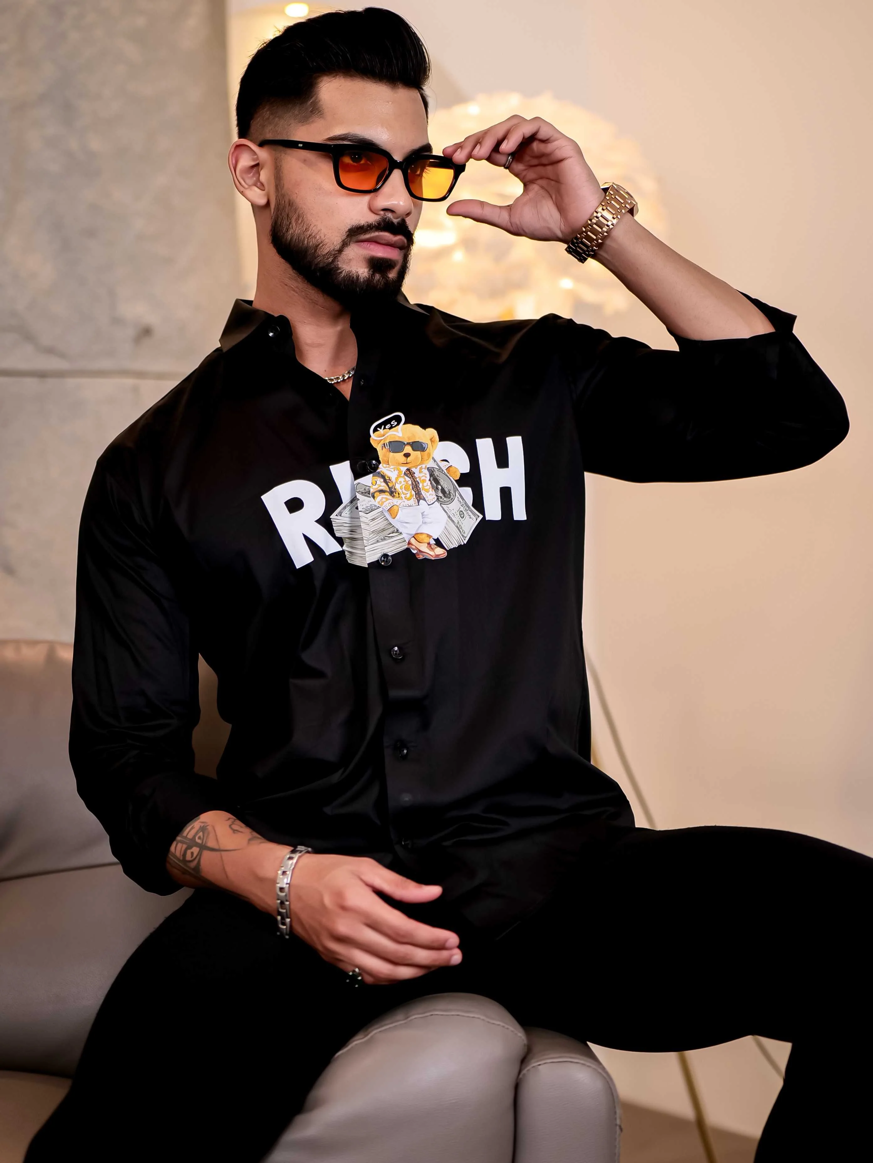 Black Club Wear Rich Printed Satin Cotton Shirt - Image 3