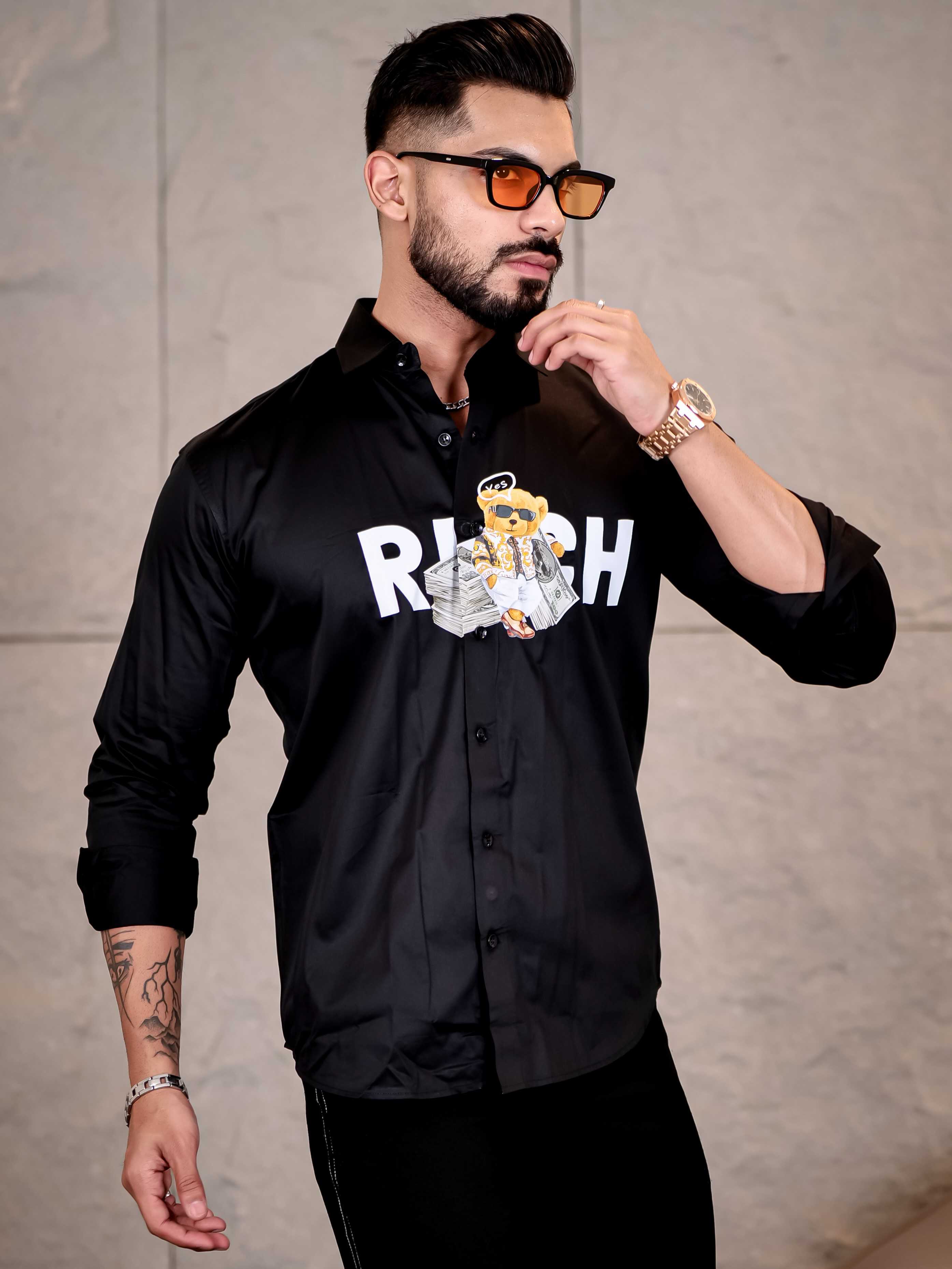 Black Club Wear Rich Printed Satin Cotton Shirt - Image 4
