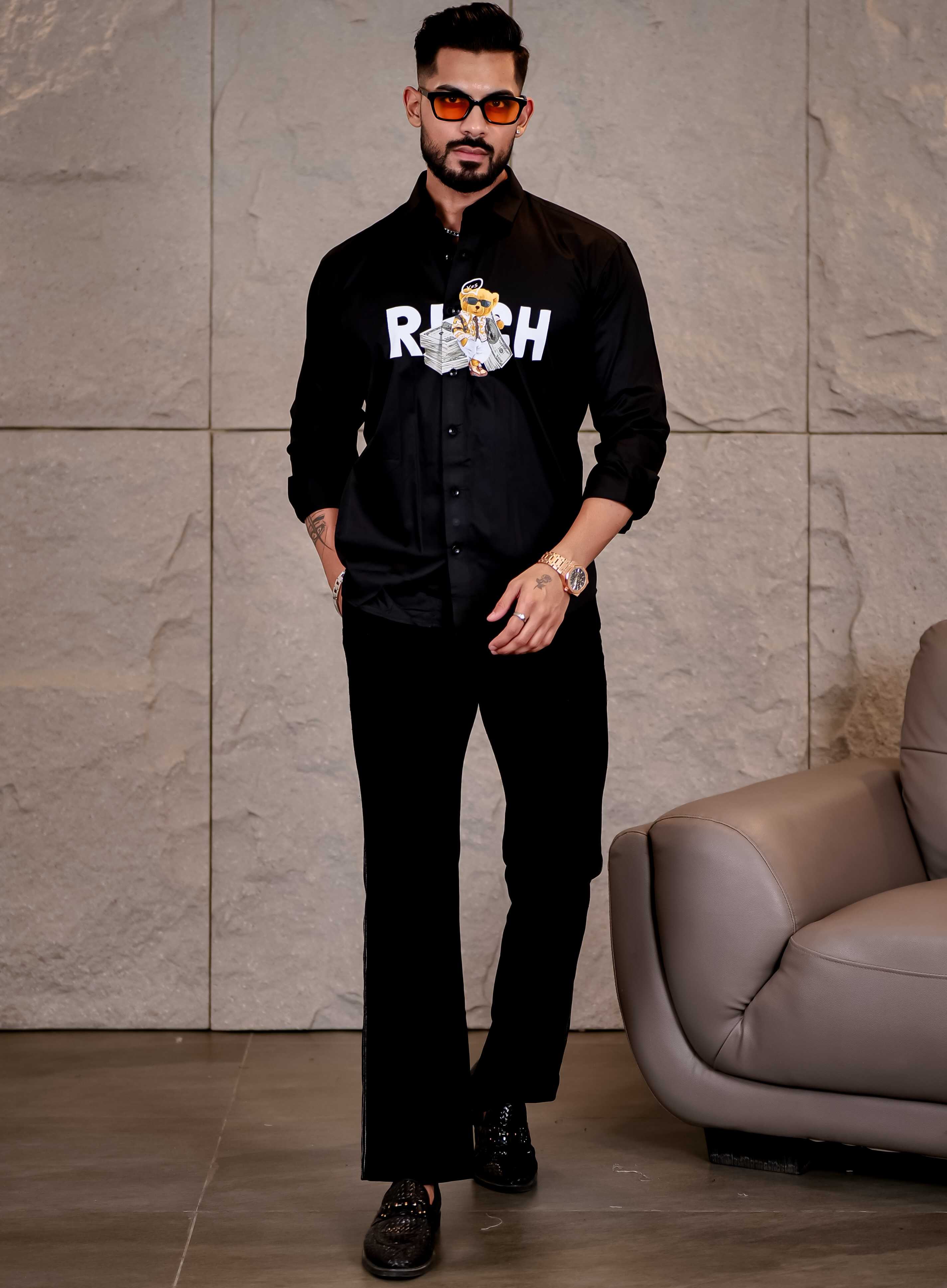Black Club Wear Rich Printed Satin Cotton Shirt - Image 6